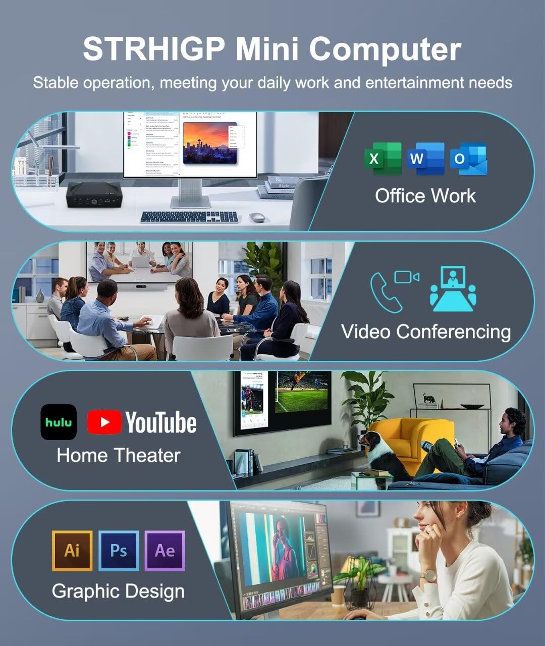 STRHIGP Mini Computer i7 10870H Mini PC - Windows 11 Pro, 32GB RAM, 256GB SSD + 1TB HDD, WOL Auto Power On, 4K Triple Display, Gigabit Ethernet, WiFi5 & BT4.2, VESA Mount - Perfect for Home Office, Gaming, and Digital Signage