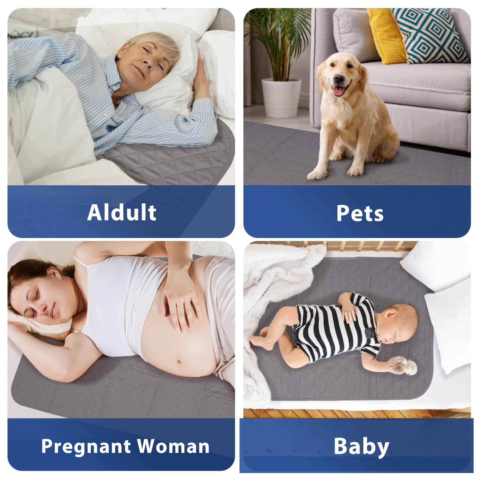 Waterproof Bed Pads 24x36 Inch (4 Pack) - Reusable Washable Incontinence Pads for Adults, Elderly, Kids & Pets - Super Absorbent Bed Wetting Protection Pads - Perfect for Home Care, Hospital Use & Travel