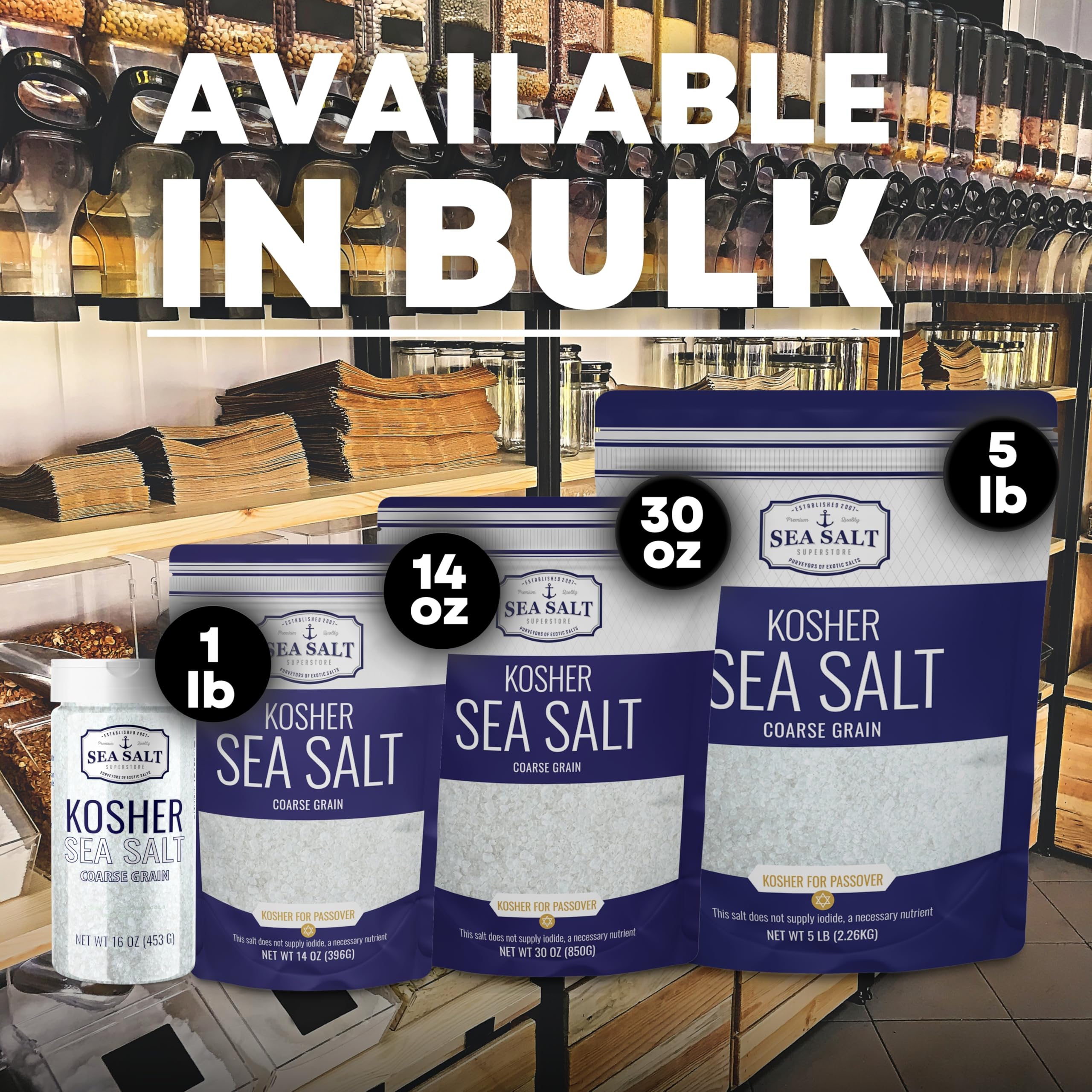 Premium Kosher Sea Salt - Coarse Grain, Non-Iodized & Natural - Perfect for Salt Grinders & Gourmet Cooking - 30 oz Resealable Bag - Ideal for Seasoning, Baking & Meat Curing - Sea Salt Superstore