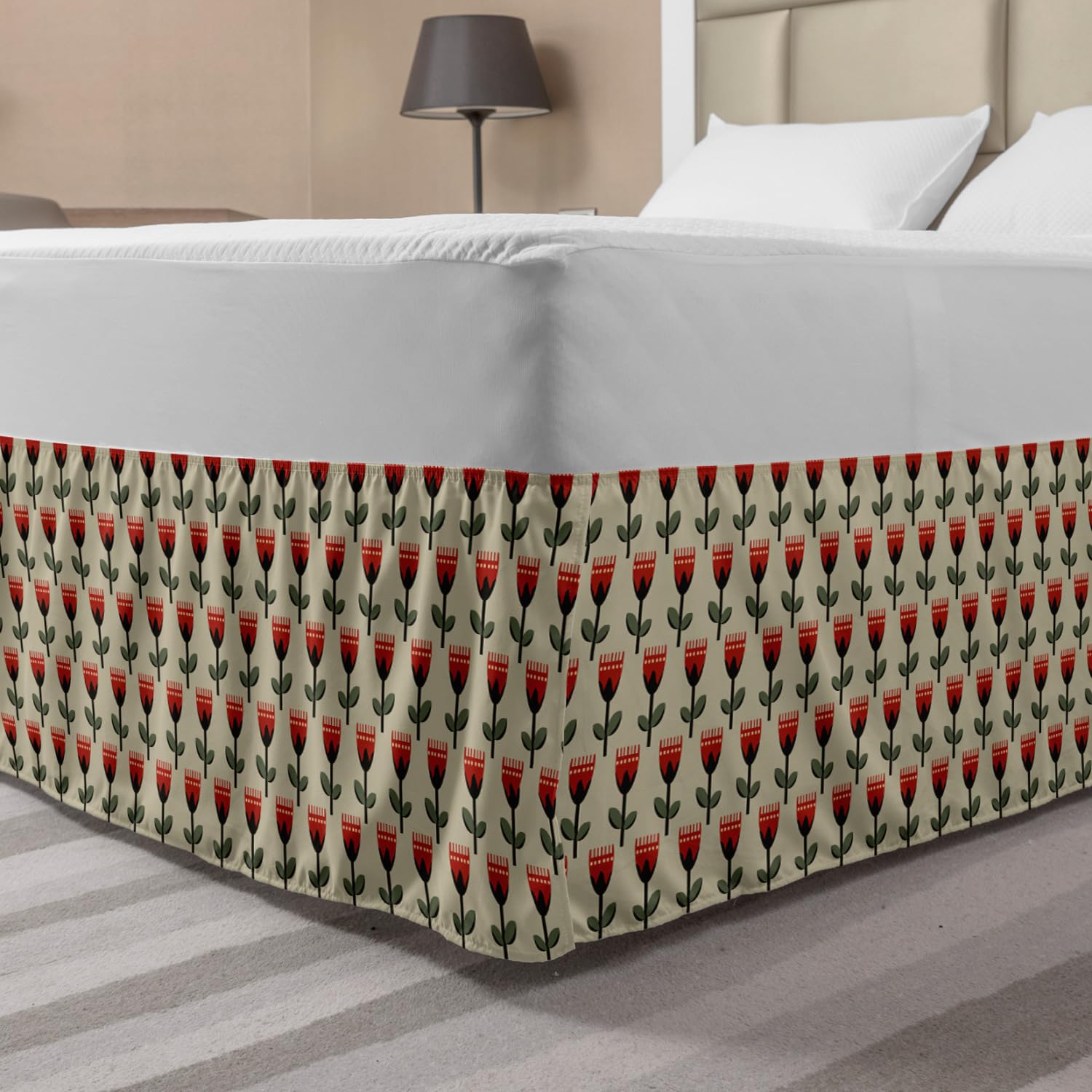 Ambesonne Floral Bed Skirt - Modern Tulip Pattern Elastic Dust Ruffle Wrap Around for King Size Beds | Beige Multicolor Home Decor | Perfect for Bedroom Makeover & Guest Room Styling