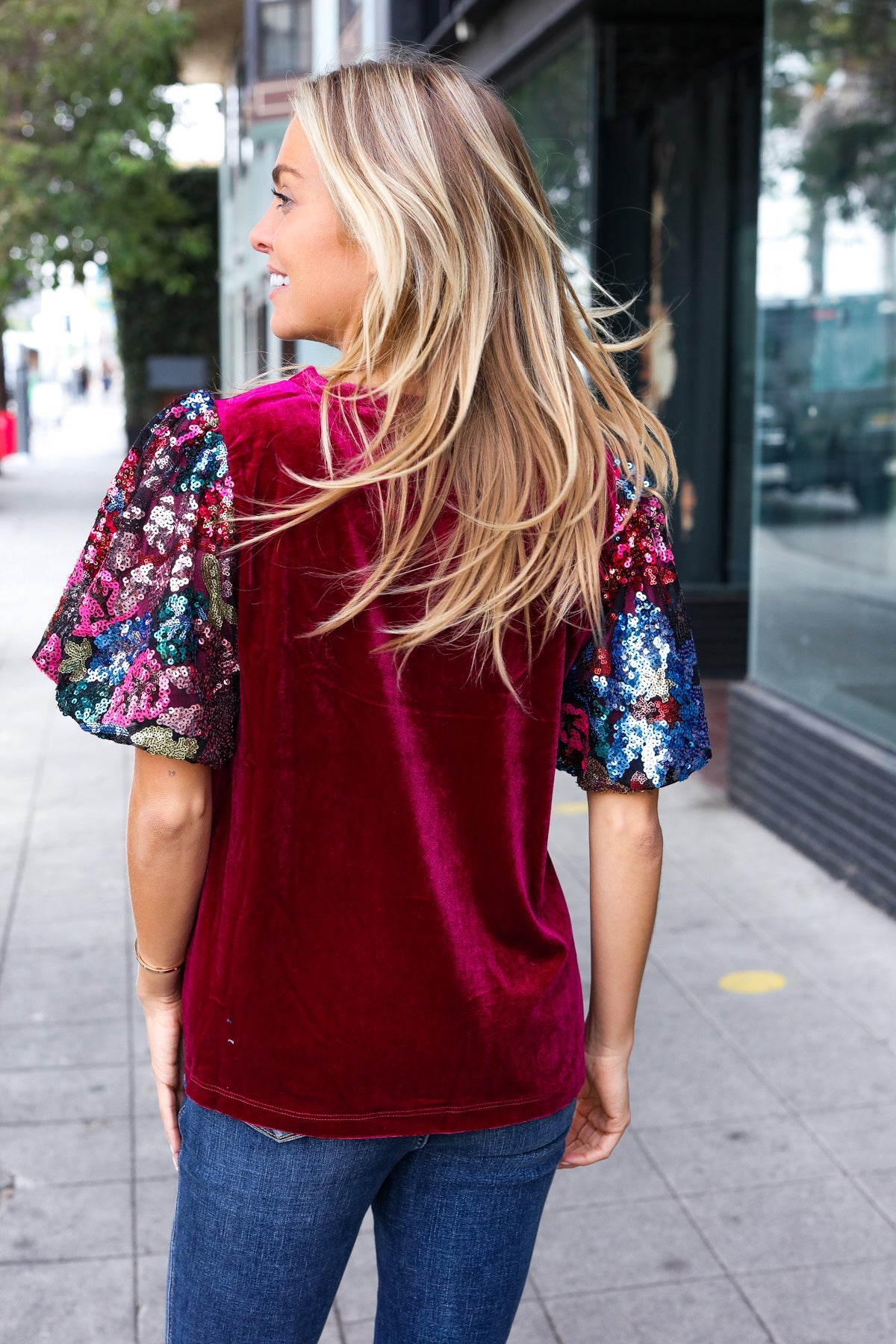 Diva Dreams Women's Sequin Floral Puff Sleeve Velvet Blouse - Elegant Party Top for Night Out, Dinner Date & Special Occasions