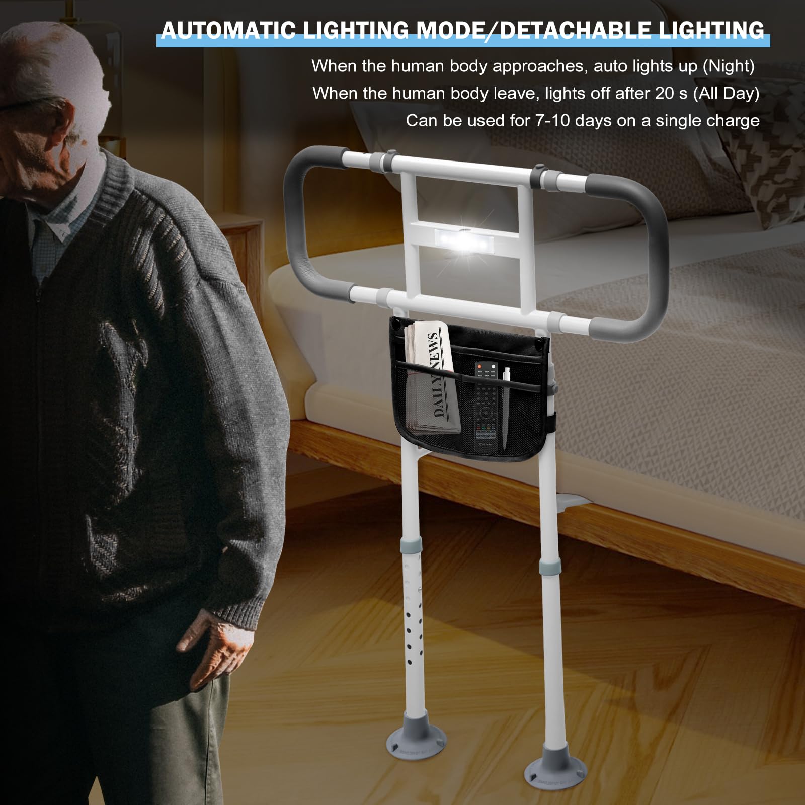 **Adjustable Bed Rails for Elderly Adults – Safety Bed Handle with Motion Light & Storage Pouch – Support Legs for Seniors – Universal Fit for Any Bed – Ideal for Home Care & Fall Prevention**