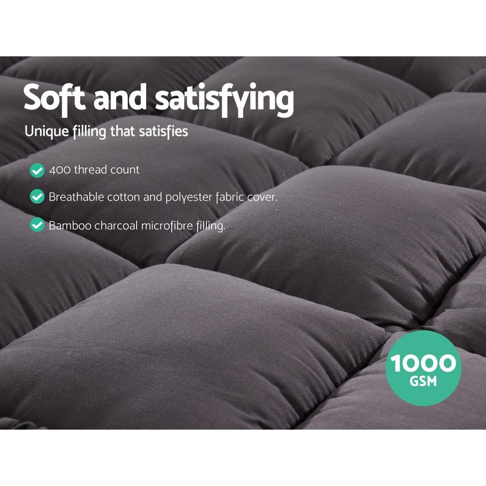 Premium 1000GSM Double Mattress Topper - Charcoal Microfiber with Bamboo Fiber Filling | Cooling & Supportive Pillowtop Protector for Back Pain Relief | Ideal for Guest Beds, Dorm Rooms & Master Bedrooms