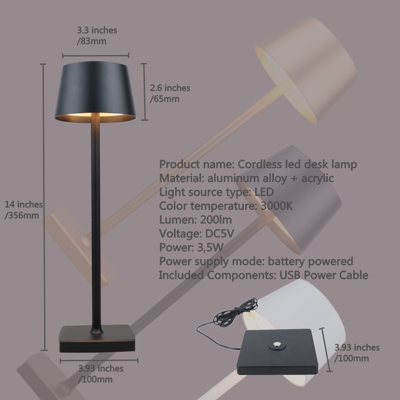 Rechargeable LED Cordless Table Lamp - Dimmable Aluminum Desk Light with Base Contact Charging, Black | Perfect for Bedroom, Office & Outdoor Lighting