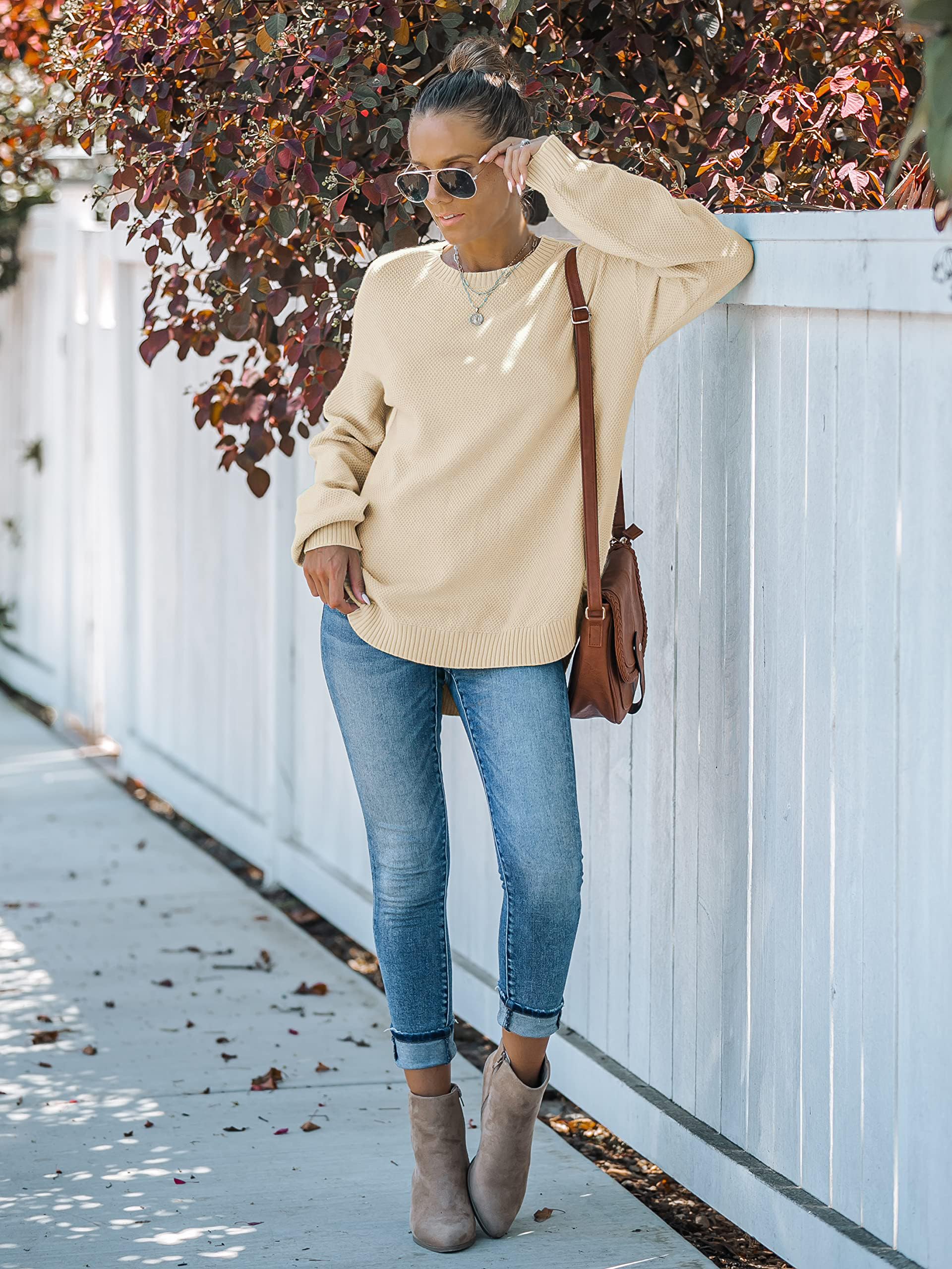 MEROKEETY Women's Fall 2025 Long Sleeve Crew Neck Sweater - Waffle Knit Pullover Top with Balloon Sleeves | Soft & Cozy Jumper for Autumn Outfits, Office Wear & Casual Dates