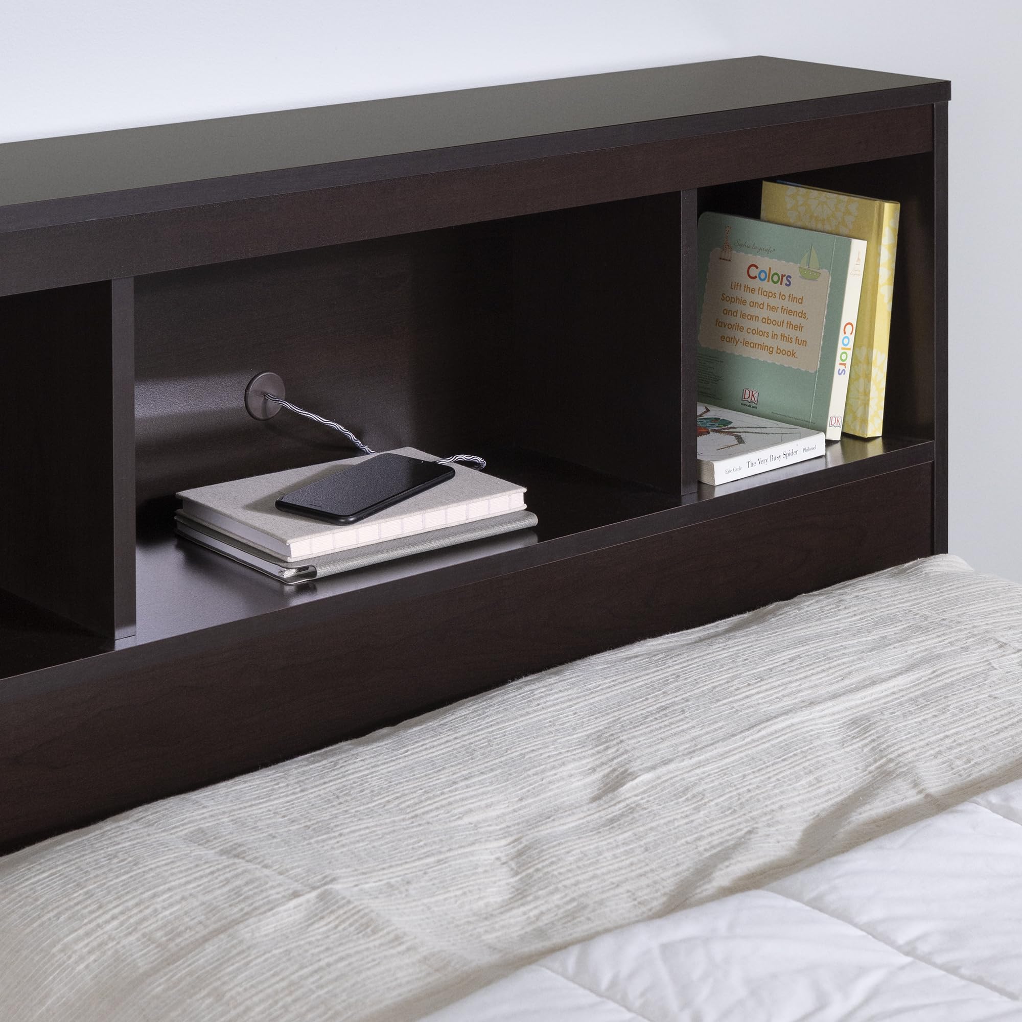 South Shore Twin Storage Bed with Bookcase Headboard in Chocolate - Space-Saving Kids Bedroom Furniture for Small Rooms & Dorm Organization