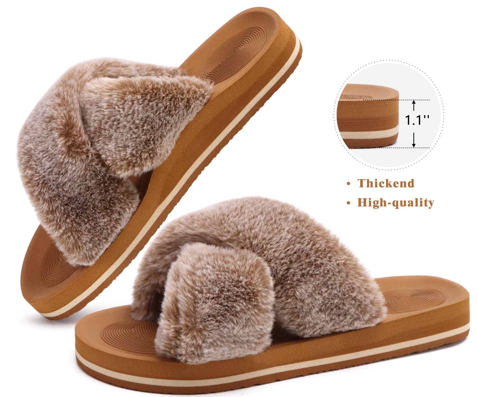 COFACE Women's Fuzzy Slides - Fluffy Faux Fur House Slippers with Arch Support, Open Toe Sandals for Indoor/Outdoor Use - Perfect for Yoga, Lounging & Home Comfort