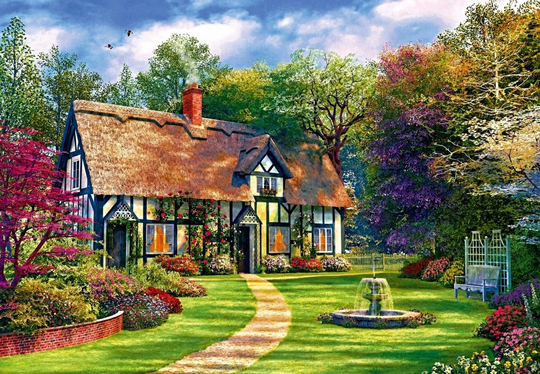 1000-Piece Bluebird Puzzle - The Hideaway Cottage Country House & Flower Garden - Adult Jigsaw Puzzle Made in France - Perfect for Relaxation, Home Decor & Family Game Night