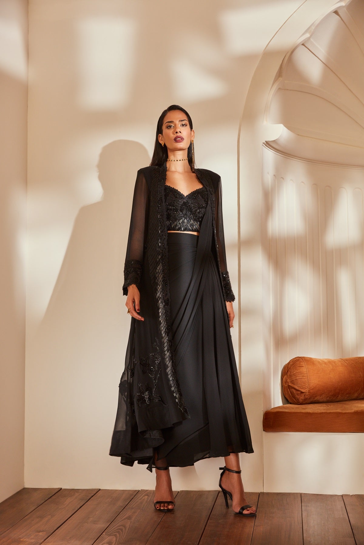Elegant Black Pleated Drape Skirt Set with Blouse & Jacket - Noir Glass Bead Embroidery for Women | Perfect for Office Wear, Evening Parties & Special Occasions