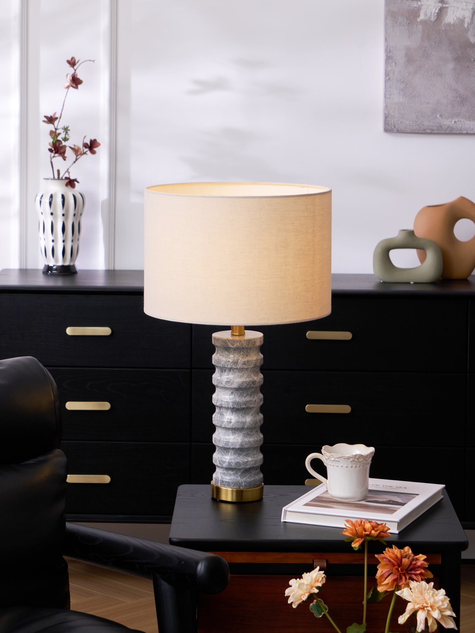 Rivara Modern Stone Table Lamp - Natural Stone Base with Fabric Shade for Bedroom, Living Room, and Office Decor