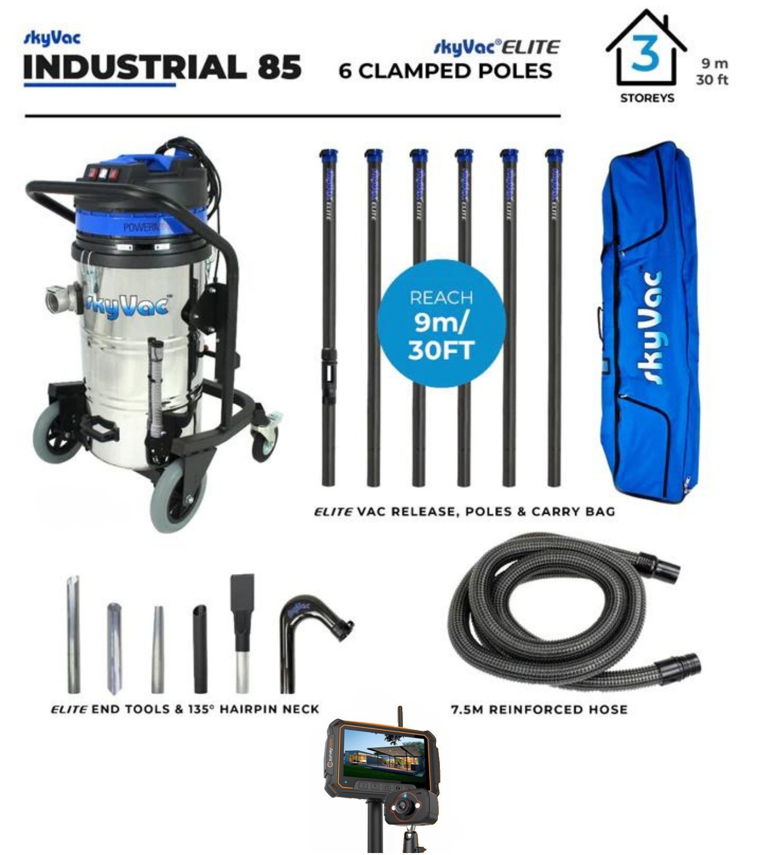 SkyVac® 85 Elite Industrial Gutter Cleaning System - Professional Roof & Drain Vacuum for Home & Commercial Use | Heavy-Duty Debris Removal for Gutters, Downspouts & Flat Roofs