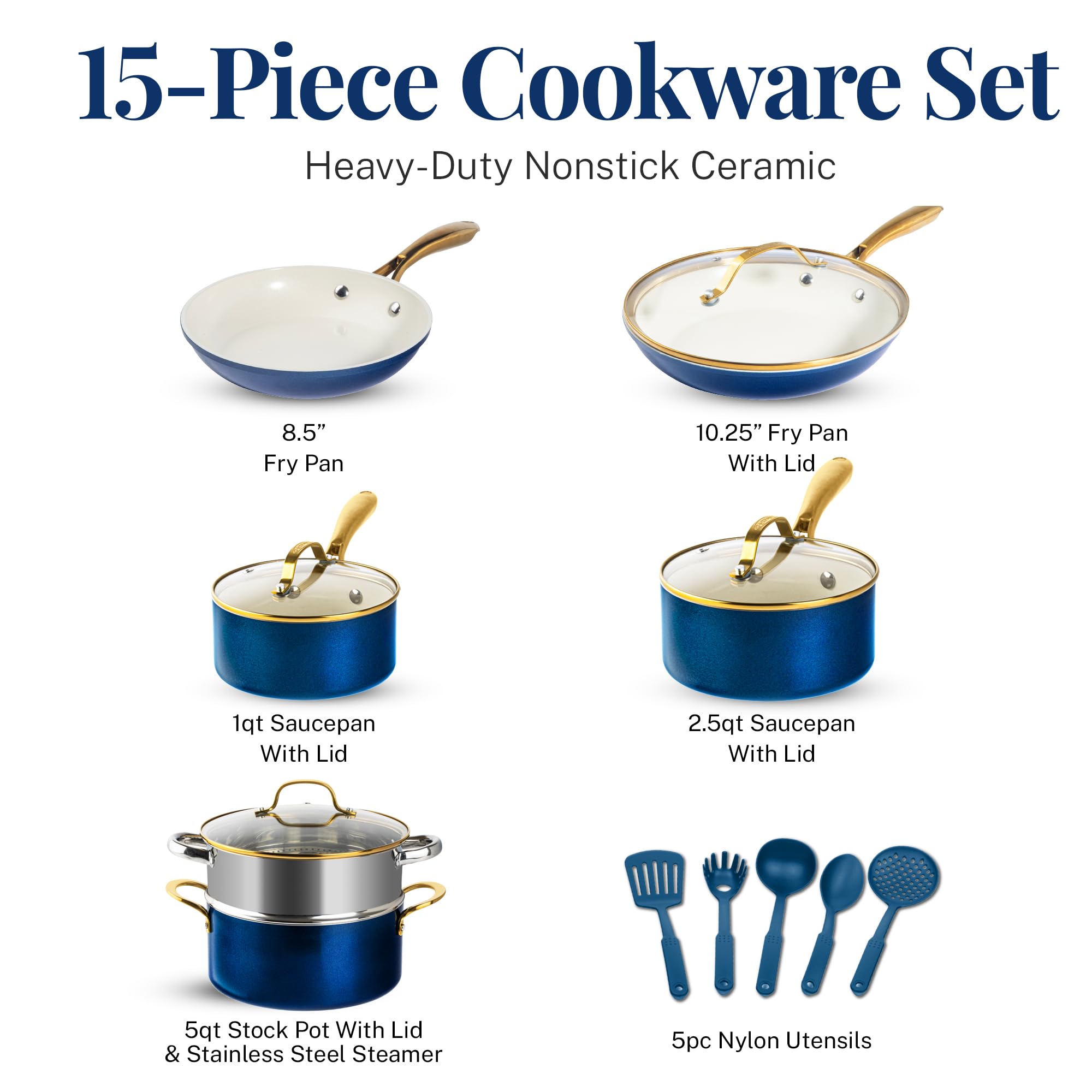 Gotham Steel 15-Piece Ceramic Non-Stick Cookware Set - Pots & Pans, Non-Toxic, Dishwasher Safe (Navy Blue) - Perfect for Everyday Cooking, Baking & Family Meals