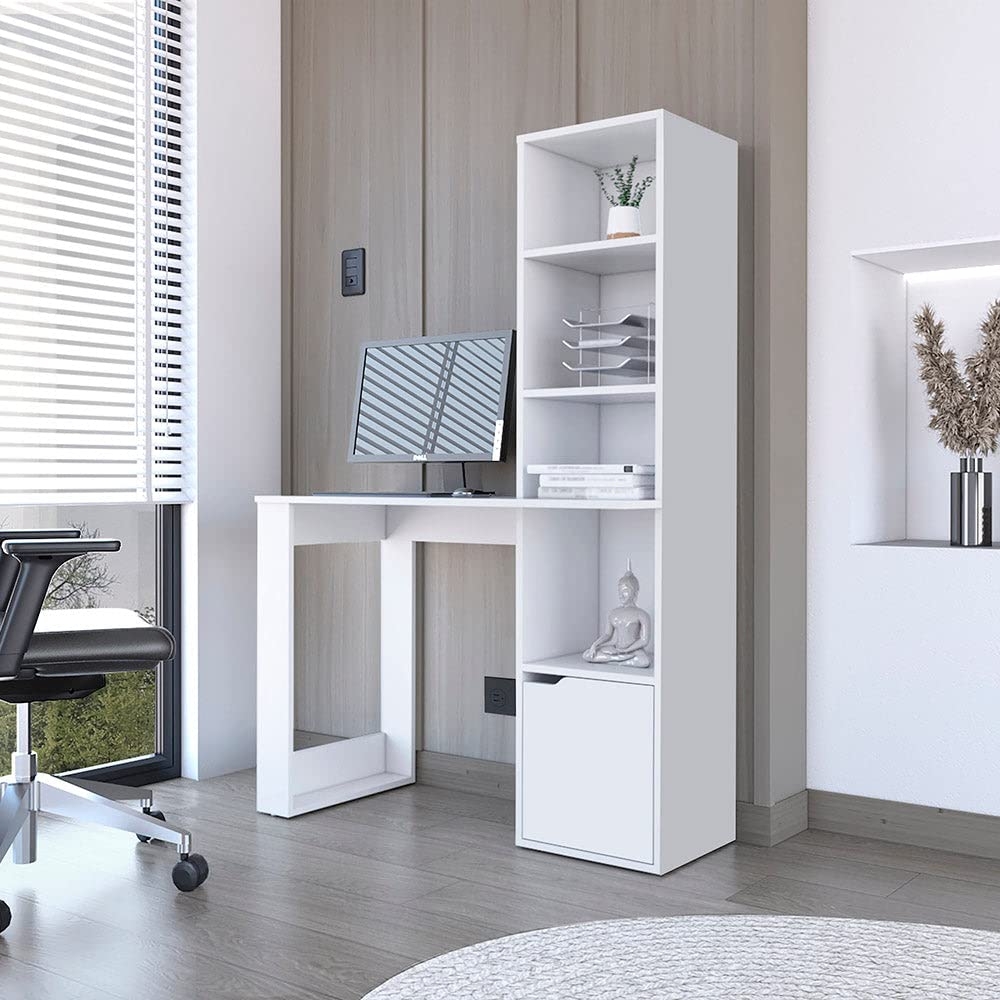 Aragon White Office Desk with 4-Tier Bookcase & Lower Cabinet - Modern Home Office Furniture for Small Spaces, Work from Home & Study Room Organization