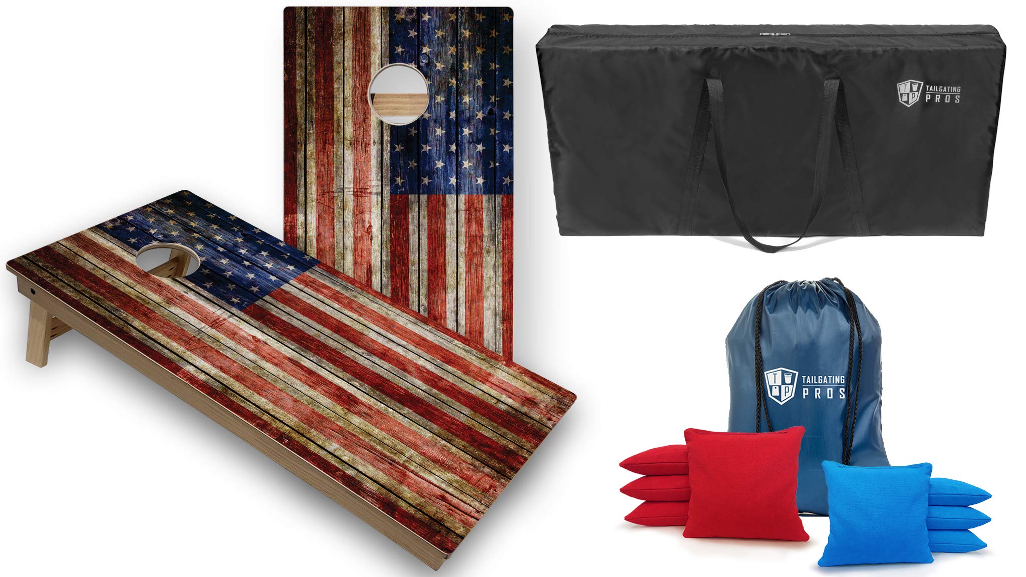 Tournament Grade Cornhole Game Set - 2 Professional 4'x2' Rustic Flag Cornhole Boards, Carrying Case & 8 Bags (LED Lights Option) | Perfect for Tailgating, Backyard Parties & Outdoor Events