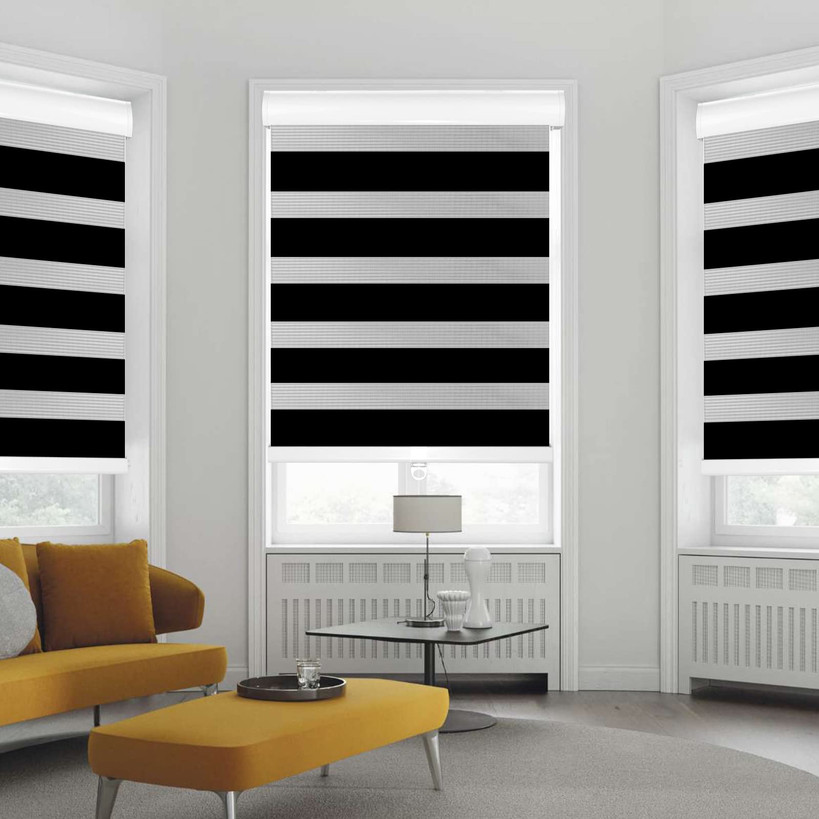 **Cordless Zebra Roller Blinds - Dual Layer Blackout & Light Filtering Window Shades for Day & Night Privacy - Easy to Install (18.5