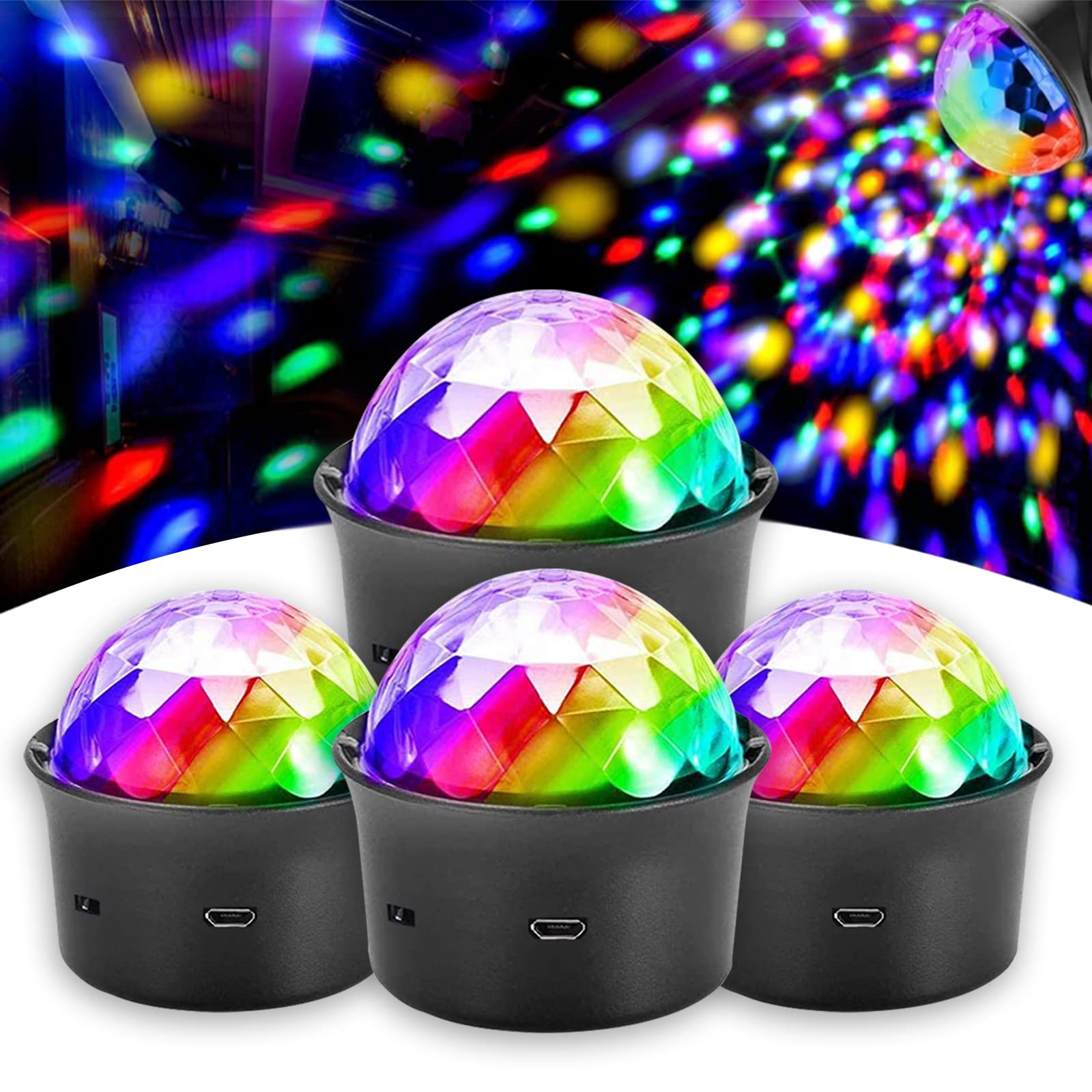 4 Pack Mini Disco Ball Lights - Voice Activated Color Changing Party Lights with USB Rechargeable Battery | Perfect for Car Decor, Stage Lighting, Christmas Decorations & Kids Room Parties