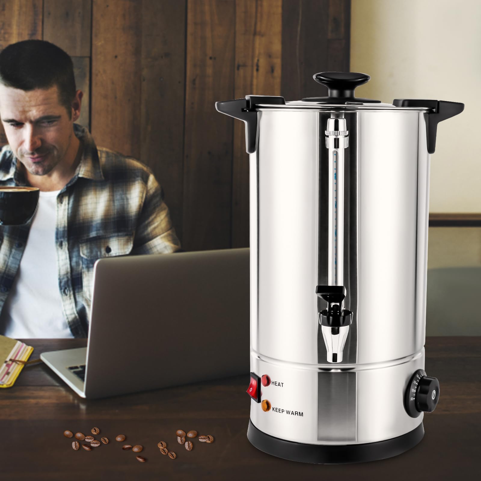 10L Commercial Stainless Steel Coffee Urn - 1KW Electric Coffee Maker with Percolator & Hot Water Boiler - Portable Coffee Pot for Office, Home, Parties, Weddings - Perfect for Large Gatherings, Catering Events and Restaurants