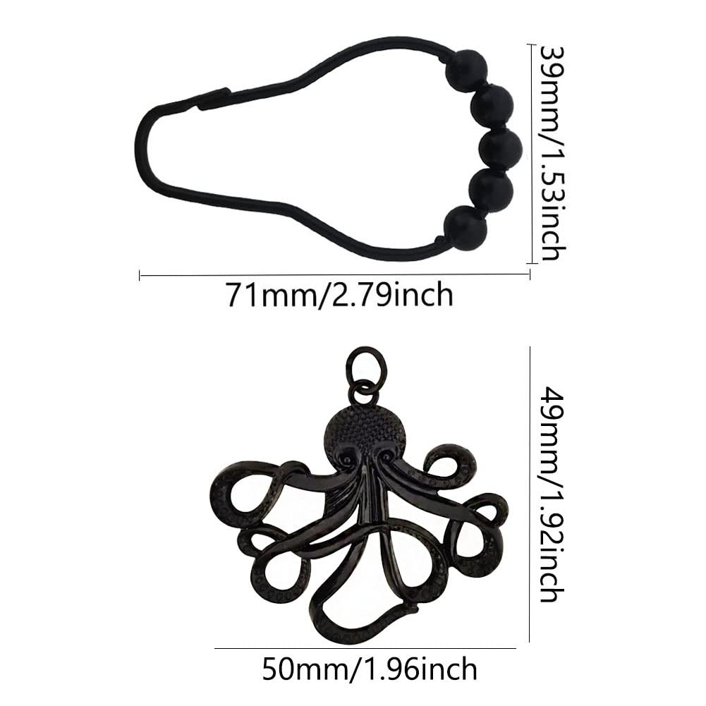 Rust-Proof Stainless Steel Octopus Shower Curtain Hooks - Set of 12 Black Nautical-Themed Bathroom Decor Accessories with Funny Sea Creature Design | Perfect for Coastal, Beach, or Ocean-Themed Bathrooms