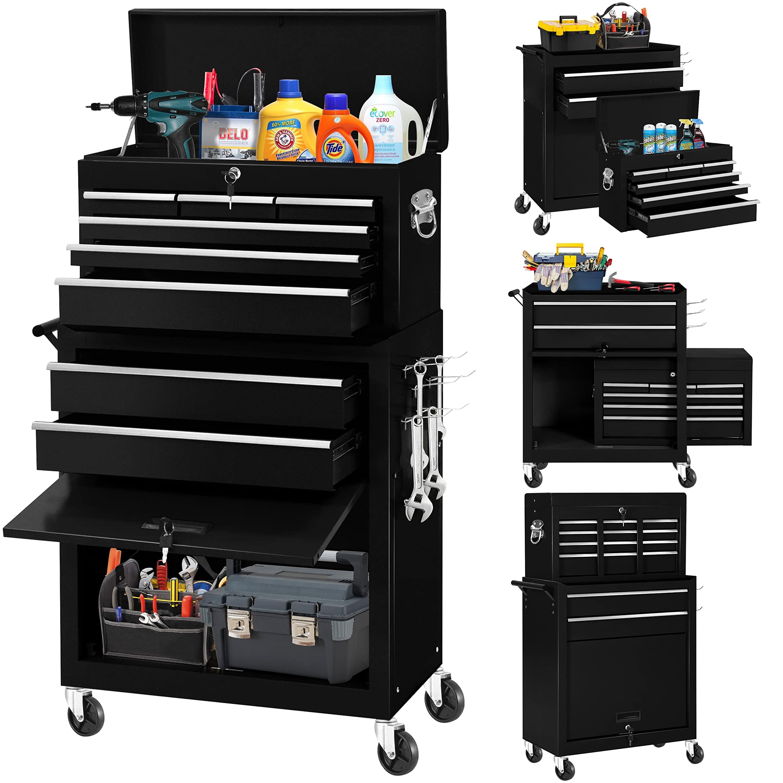 INTERGREAT 8-Drawer Rolling Tool Chest with Wheels & Lock - Heavy Duty Detachable Tool Cabinet for Garage, Warehouse & Workshop - High Capacity Mechanic Tool Cart with Black Liner | Perfect for Automotive Repair, DIY Projects & Professional Tool Storage
