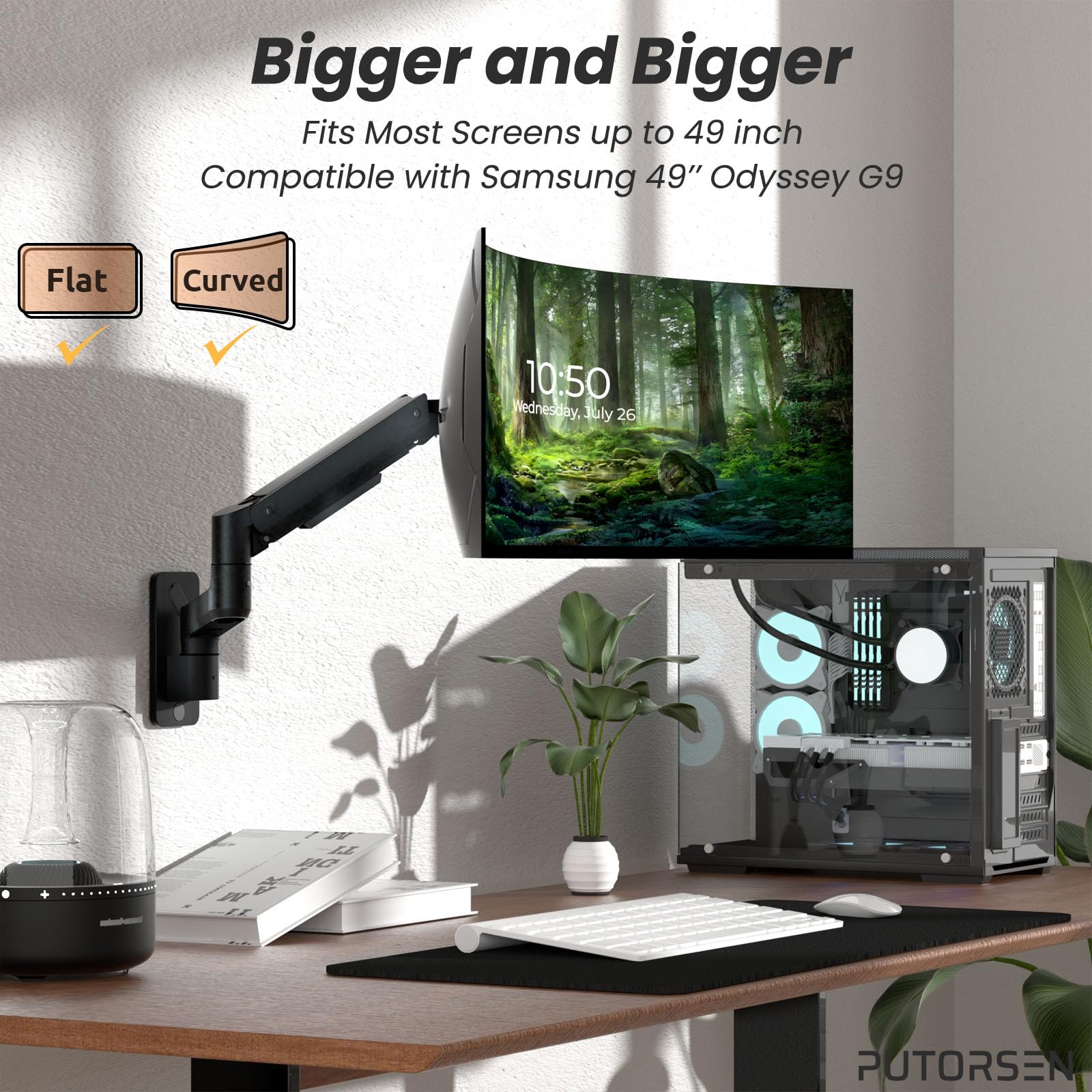 PUTORSEN Premium Ultrawide Monitor Wall Mount 17-49 inch - Heavy Duty Single Monitor Arm Supports up to 44lbs - Fully Adjustable VESA 75/100/200 Wall Mount Stand (Black) - Perfect for Home Office, Gaming Setup & Workspace Ergonomics