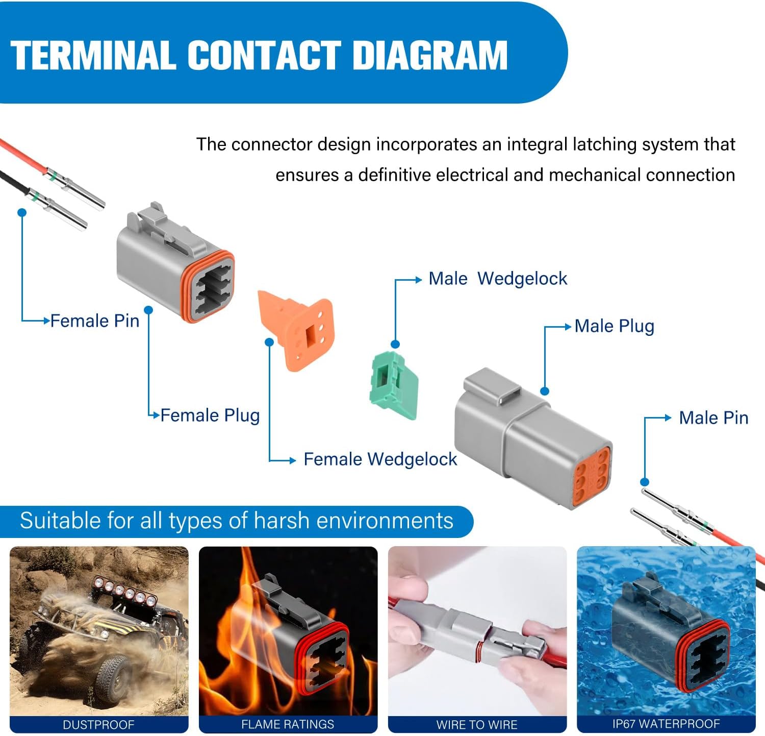 6 PIN DT Connector Kit - 3 Sets with Size 16 Solid Contacts, Waterproof Male & Female Terminals for 14-20 AWG Wires - Perfect for Automotive, Marine, and Outdoor Electrical Wiring Applications