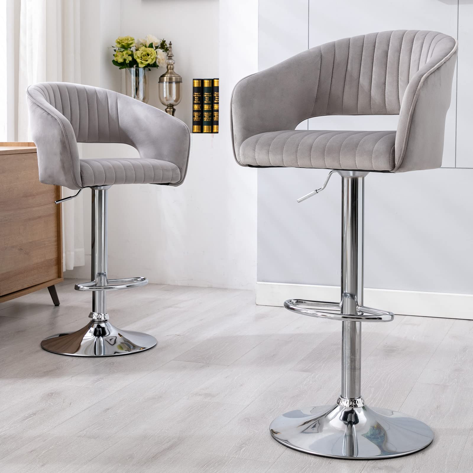 Modern Velvet Swivel Bar Stools Set of 2 - Adjustable Height Kitchen Island Stools with Hollow Back, Chrome Footrest & Base - Upholstered Dining Chairs for Pub, Bar & Home Decor (Grey) - Perfect for Kitchen Islands, Breakfast Bars & Entertainment Areas