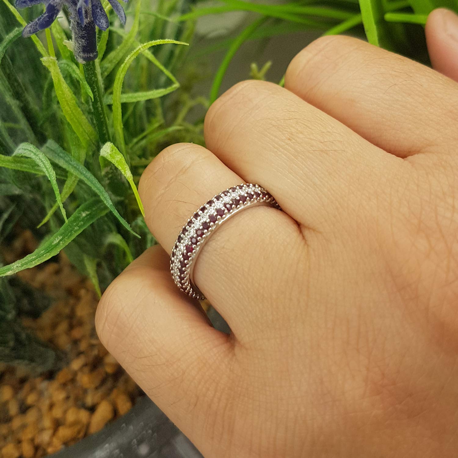 18K Solid White Gold Round White Diamond & Ruby Women's Anniversary Wedding Eternity Band – Perfect for Bridal Jewelry, Engagement Rings & Special Occasions