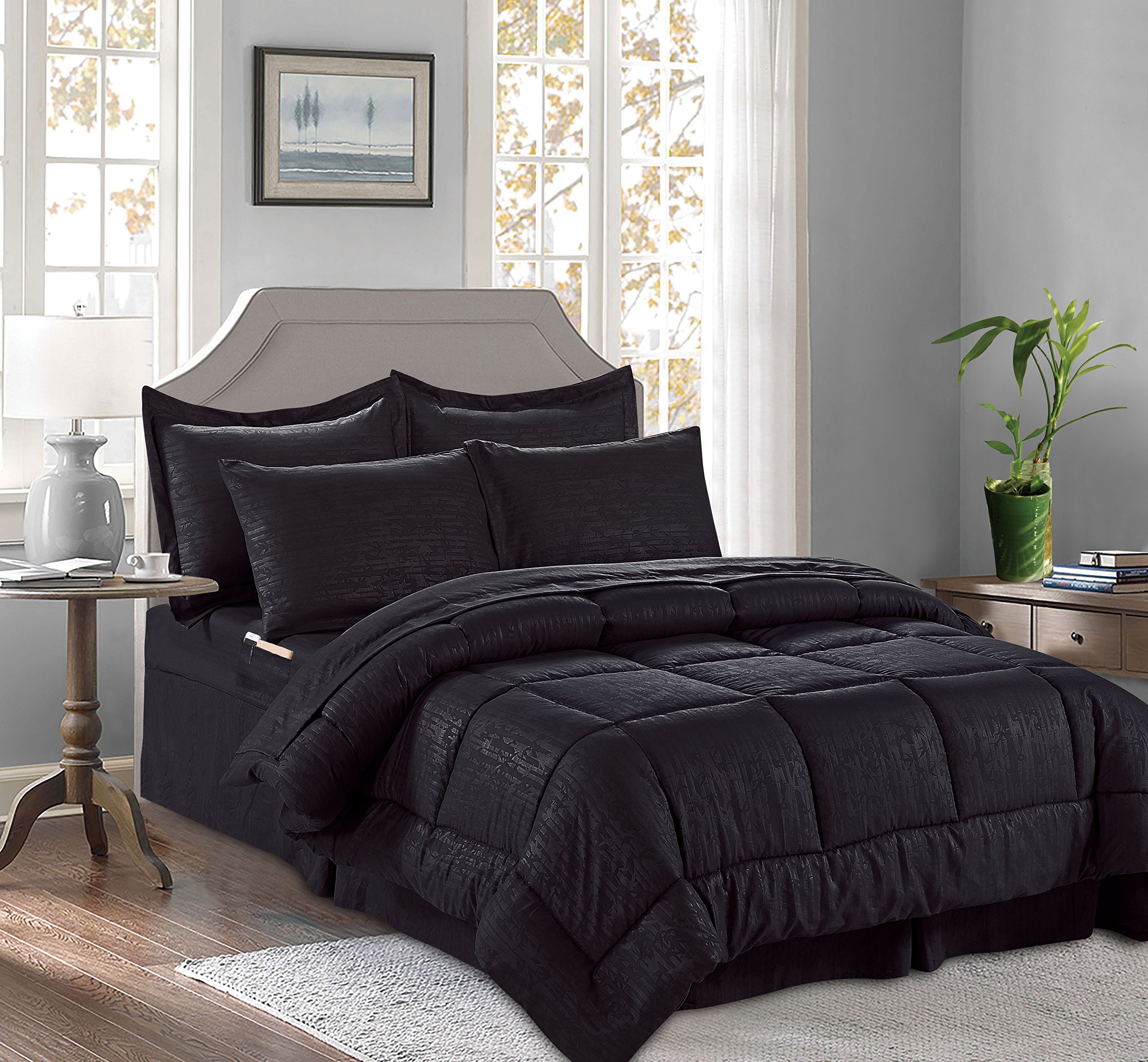 CELINE LINEN 8-Piece Bamboo Design Comforter Set - King/Cal King Size - Silky Soft Bedding Includes Sheet Set with Double-Sided Storage Pockets - Black - Perfect for Master Bedroom, Guest Room & Luxury Hotel Style Decor