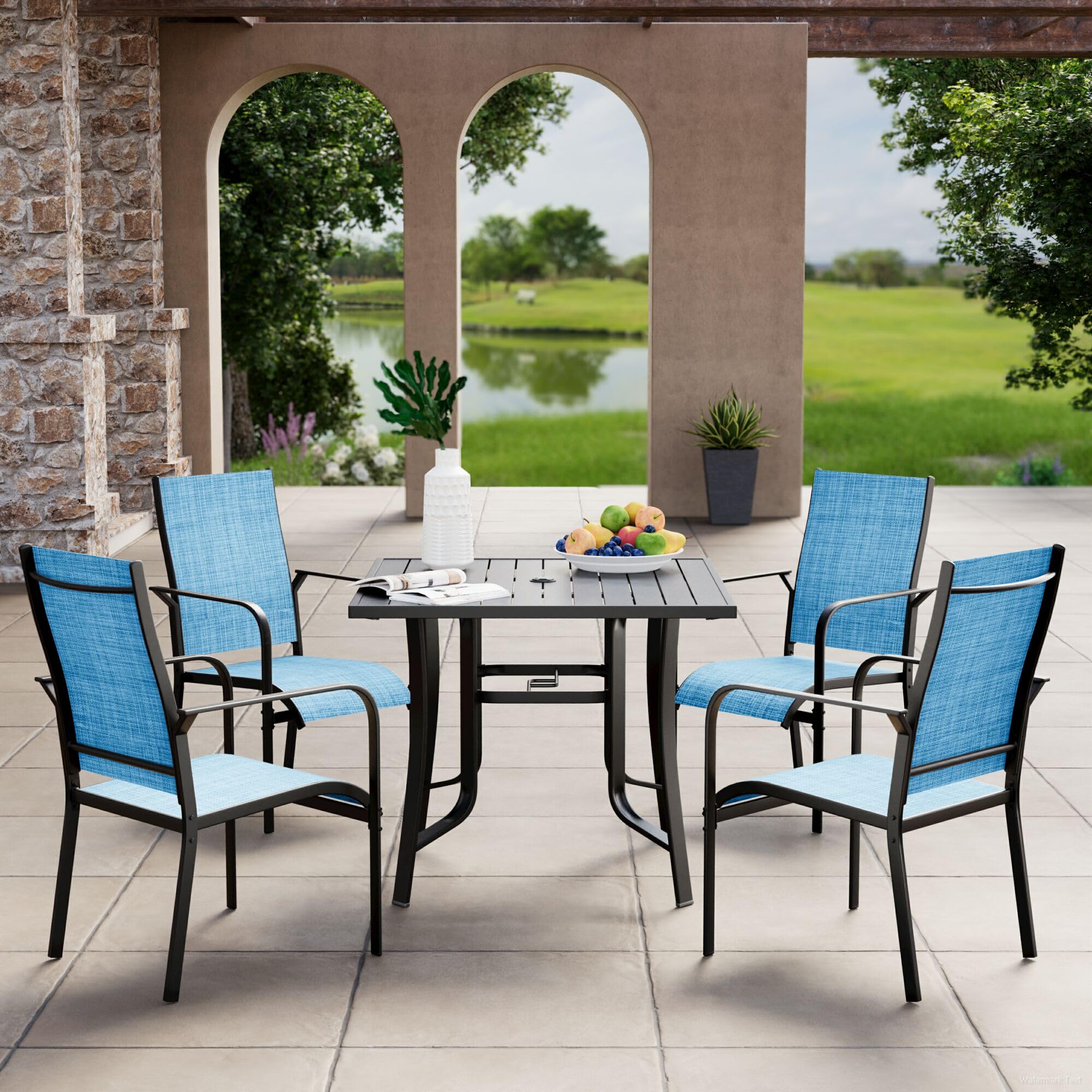 5-Piece Outdoor Patio Dining Set - Square Metal Table with 4 Textilene Chairs & Umbrella Hole - Perfect for Garden, Deck, Backyard, Balcony, Porch - Durable All-Weather Furniture for Entertaining & Relaxation
