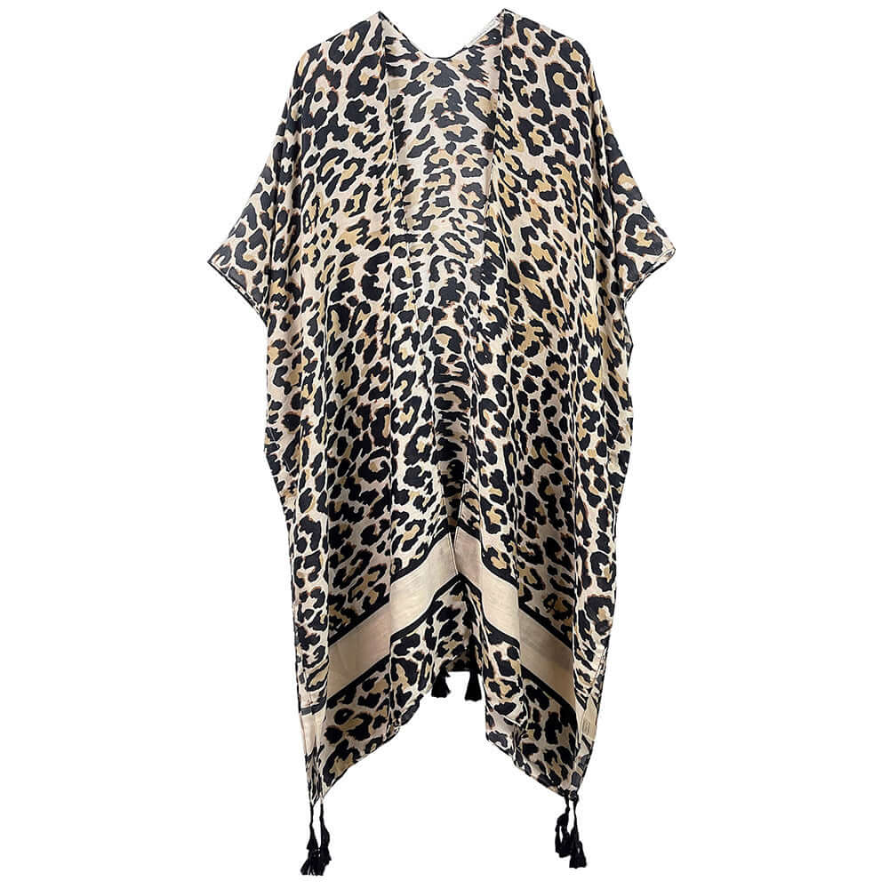 Leopard Print Kimono Poncho for Women - Stylish Animal Print Cover Up for Beach, Pool, or Lounge Wear
