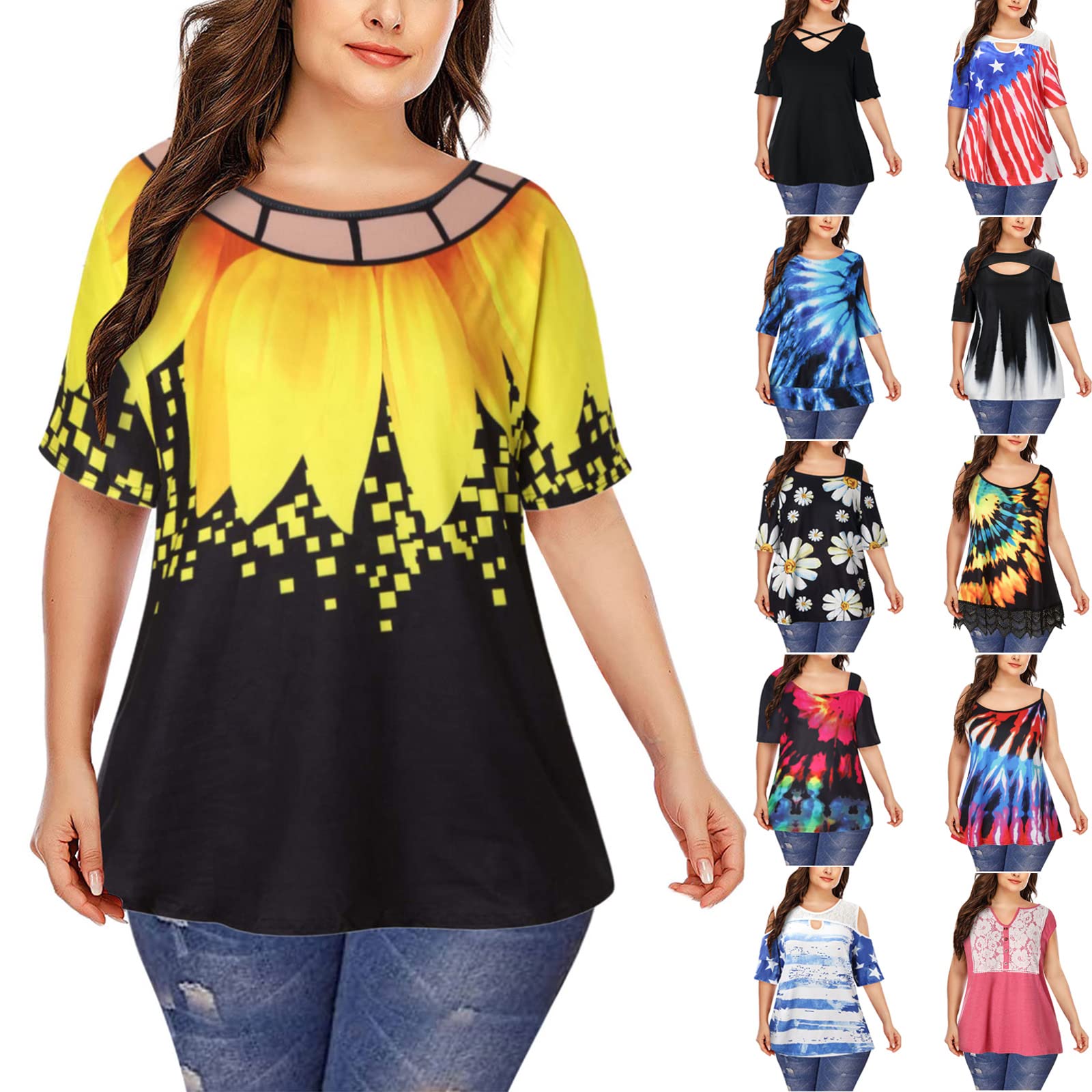 PBNBP Women's Plus Size Summer Tunic Tops - Cold Shoulder Round Neck Printed Casual Blouse for Women & Girls | Trendy Going Out & Everyday Wear