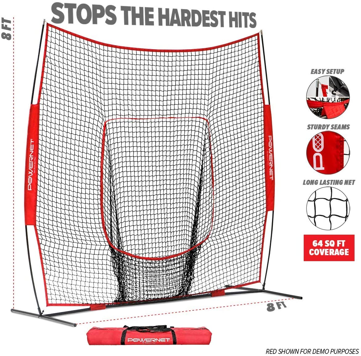 PowerNet 8x8 Baseball Softball Practice Net with Round Tube Frame - Perfect for Backyard Training & Batting Cage Drills