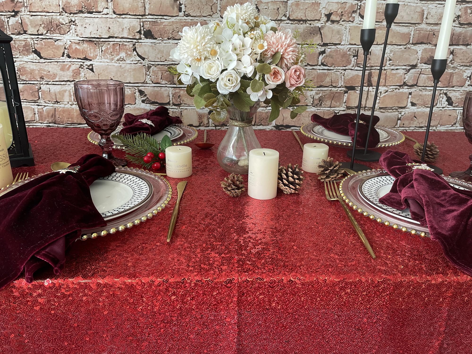 Sparkling Red Sequin Tablecloth 90x132 Inches - Elegant Rectangle Shimmer Party Table Cover for Birthday, Wedding, Christmas, Anniversary Decorations - Perfect for Dining Tables, Buffets, Photo Backdrops, and Event Centerpieces