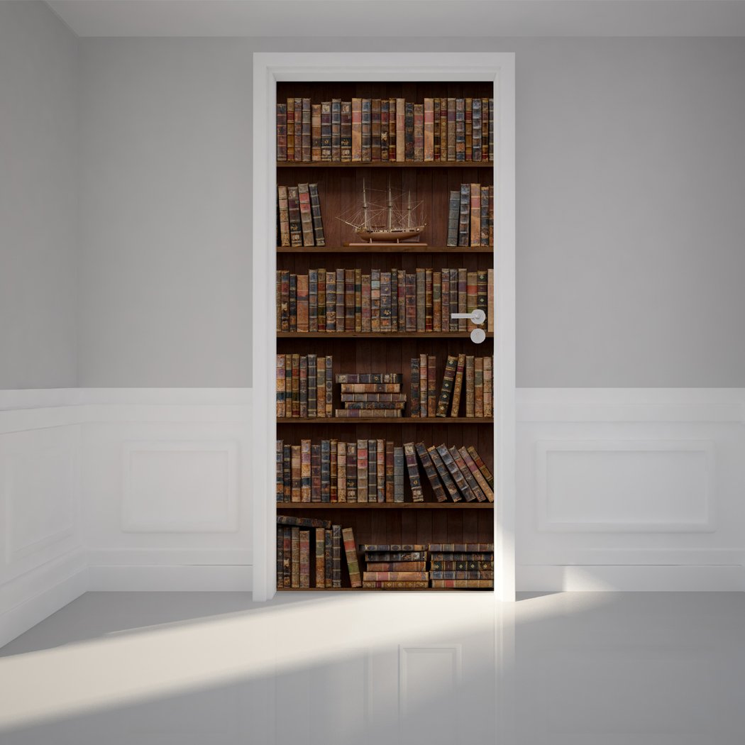 Peel & Stick Repositionable Fabric Mural - Wooden Bookshelf with Antique Books Door Wall Sticker | Perfect for Home Office, Nursery, Living Room Decor & DIY Wall Design