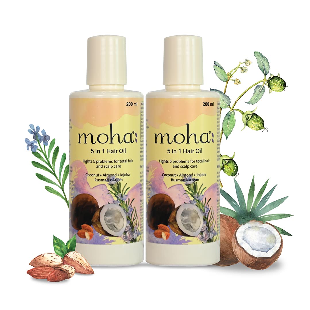 Premium 5-in-1 Hair Growth Oil with Coconut, Almond, Jojoba, Rosemary & Wheatgerm Oils - Natural Treatment for Hair Fall Reduction & Scalp Care - 200ml (Pack of 2) - Ideal for Daily Hair Nourishment & Styling