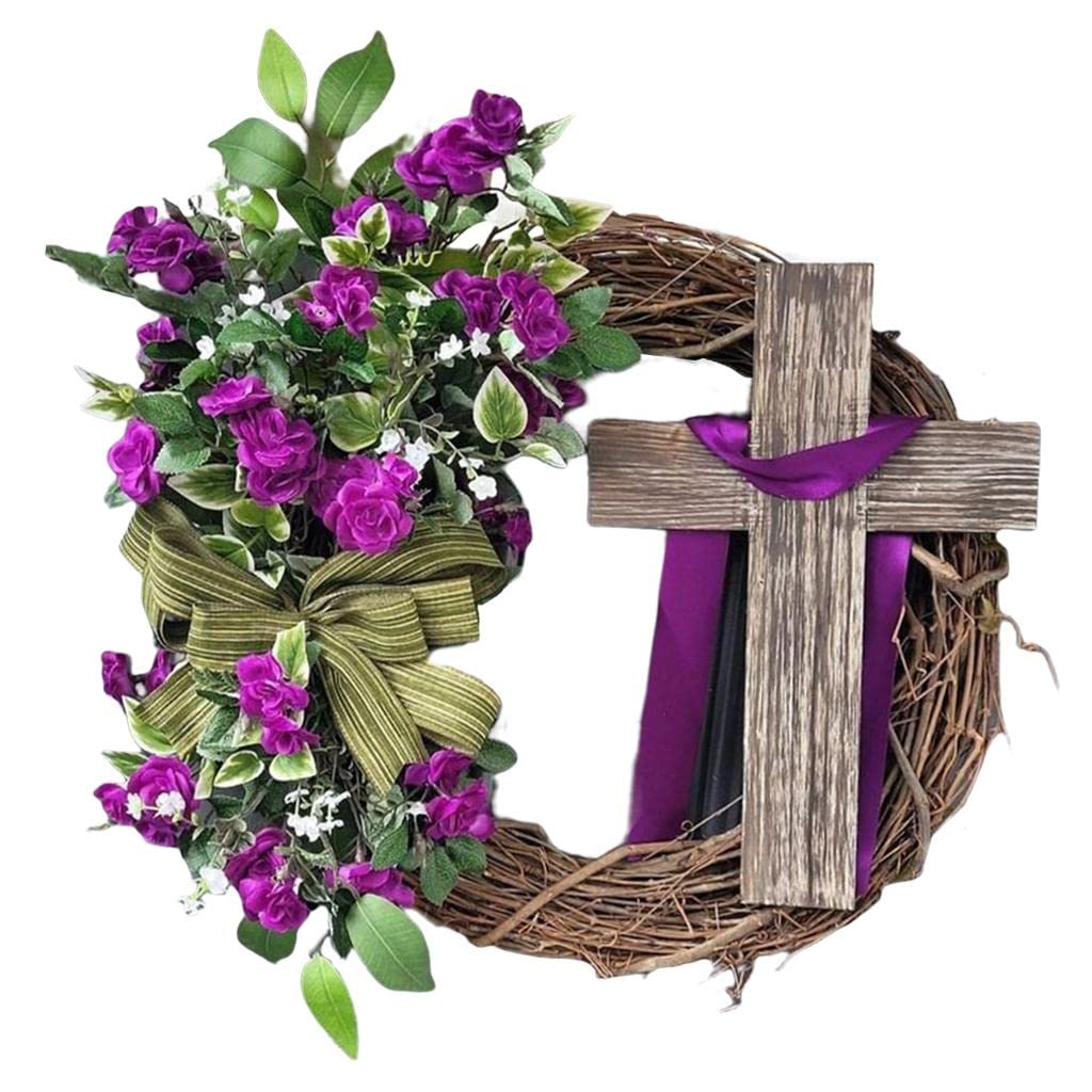 Bddalpke Rattan Easter Wreath with Cross Greenery - 18