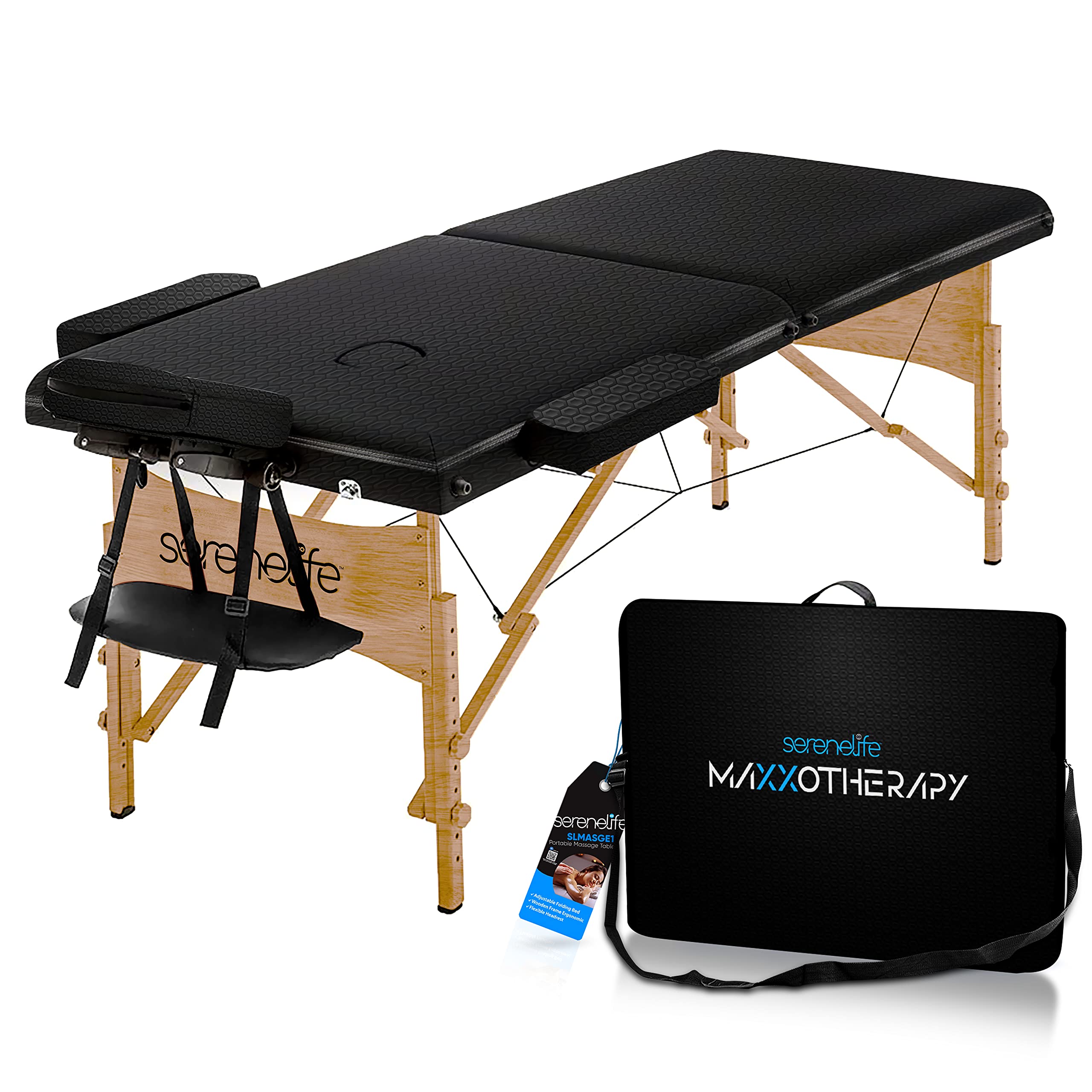 SereneLife Professional Portable Massage Table - Adjustable 3-Section Folding Therapy Bed with Carrying Case for Home Spa, Tattoo Parlor & Salon | Perfect for Massage Therapists, Estheticians & Tattoo Artists | Durable & Lightweight Black Design