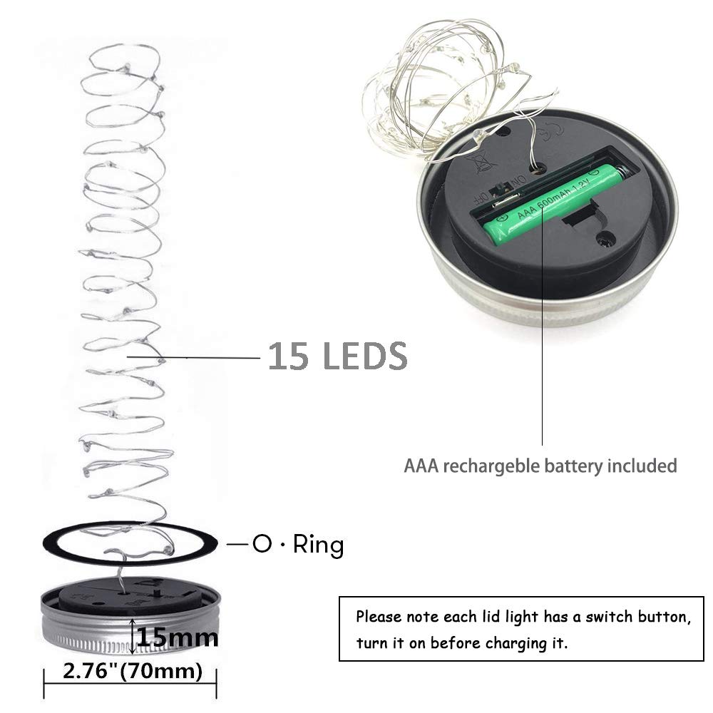 SunKite 8 Pack Solar Mason Jar Lights - 15 LED Waterproof Fairy Firefly Jar Lid Lights with Hangers (No Jars Included) - Warm White Outdoor String Lights for Patio, Garden, Wedding, Easter & Party Decorations