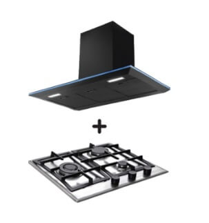 Ellane EH 2690 90cm Black Designer Chimney Range Hood & EB 248SV 3-Burner Stainless Steel Gas Cooktop with Safety Features - Modern Kitchen Ventilation & Cooking Solution for Home Chefs
