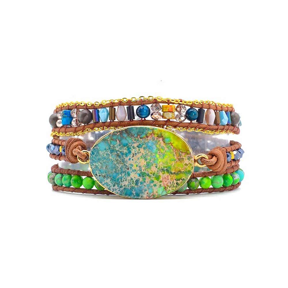 Handmade Bohemian Leather Wrap Bracelets for Women - Adjustable Boho Bracelet Jewelry for Girls & Ladies (Blue Green Jasper) - Perfect for Festival, Beach & Everyday Boho Fashion Accessory