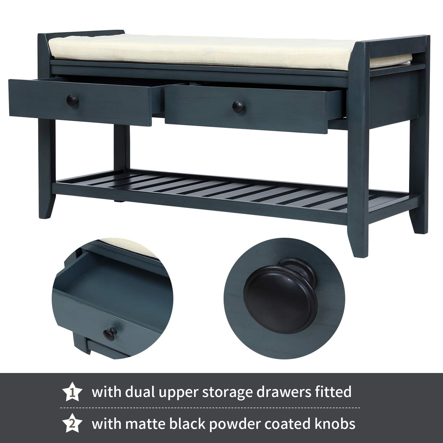Danxee Shoe Storage Bench with Cushioned Seat - Entryway Organizer with 2 Drawers & Shelves - Antique Navy - Perfect for Bedroom, Hallway, or Mudroom Organization