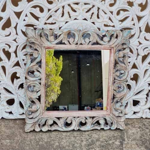 Hand Carved Indian Solid Wood Wall Mirror with Floral Pattern - Rustic Decor 56x66cm - Perfect for Living Room, Bedroom, or Entryway Décor