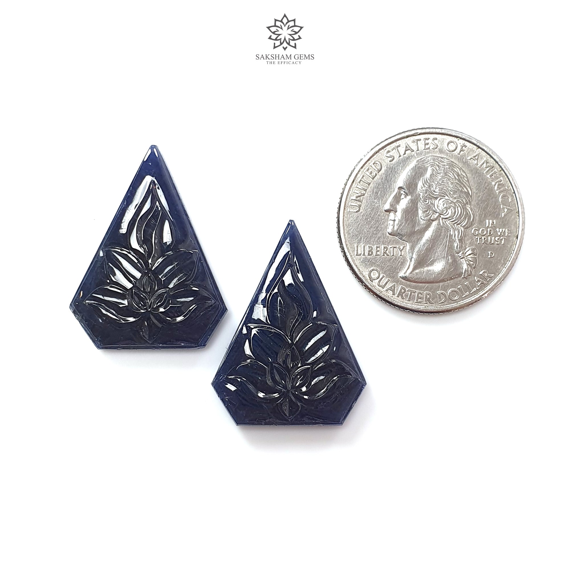 Natural Untreated Dark Blue Sapphire Gemstone Carving - 44.60cts Unheated Hand-Carved Fancy Shape 26x18mm Pair for Jewelry Making & Luxury Gifts