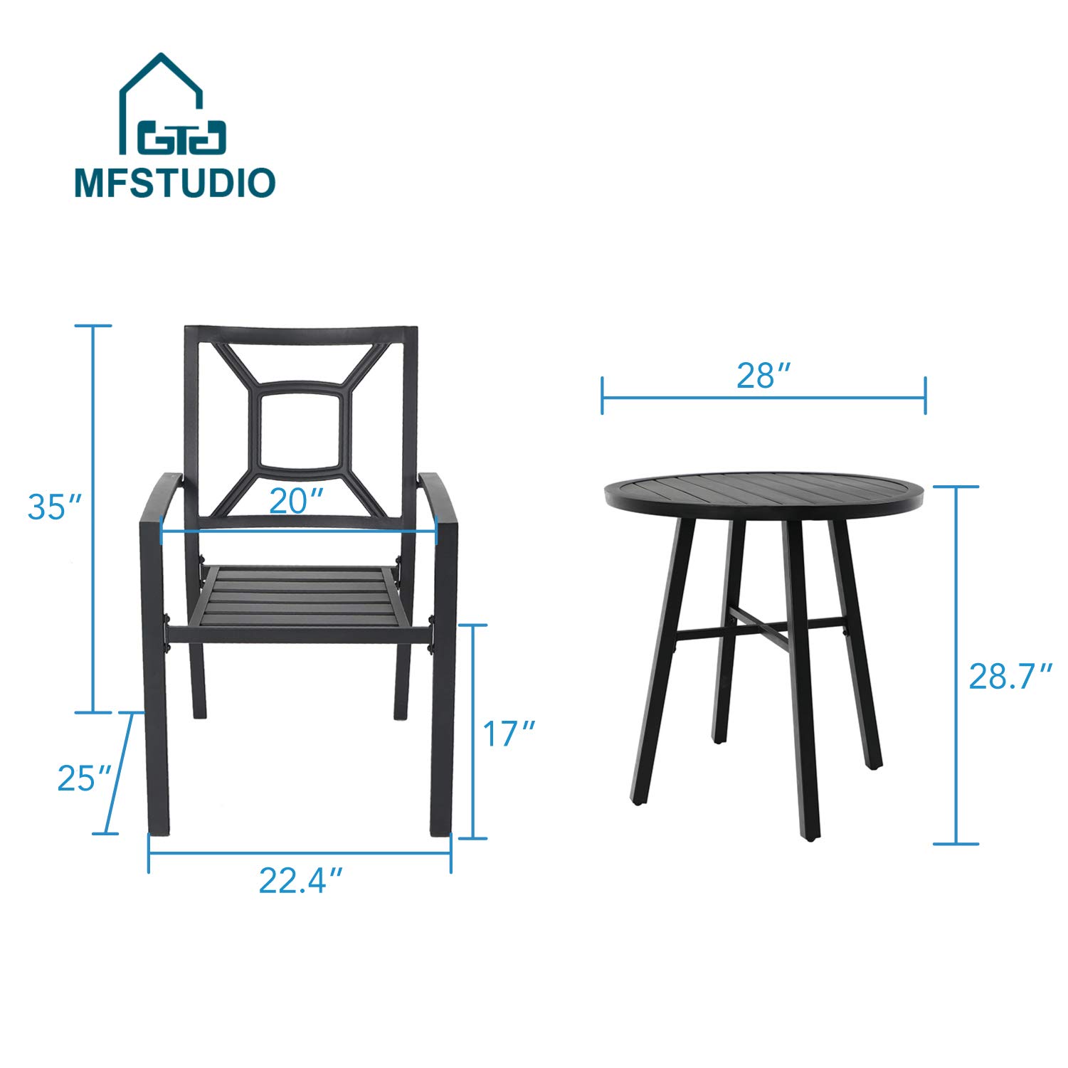 MFSTUDIO 3-Piece Black Metal Bistro Set - Outdoor Patio Dining Table with 2 Chairs - Round Cafe Table for Garden, Balcony & Backyard - Perfect for Morning Coffee & Al Fresco Dining