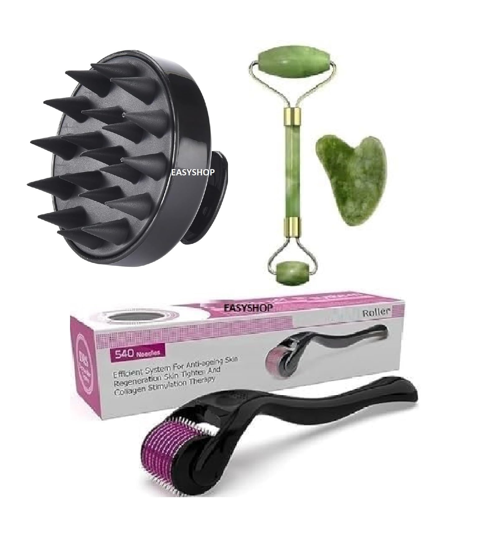 Natural Jade Roller & Gua Sha Set for Face Massage - 4-Piece Skincare Kit with Ice Roller & Hair Growth Tool | Reduce Puffiness, Improve Circulation, Glowing Skin | Perfect for Morning Routine & Spa Night