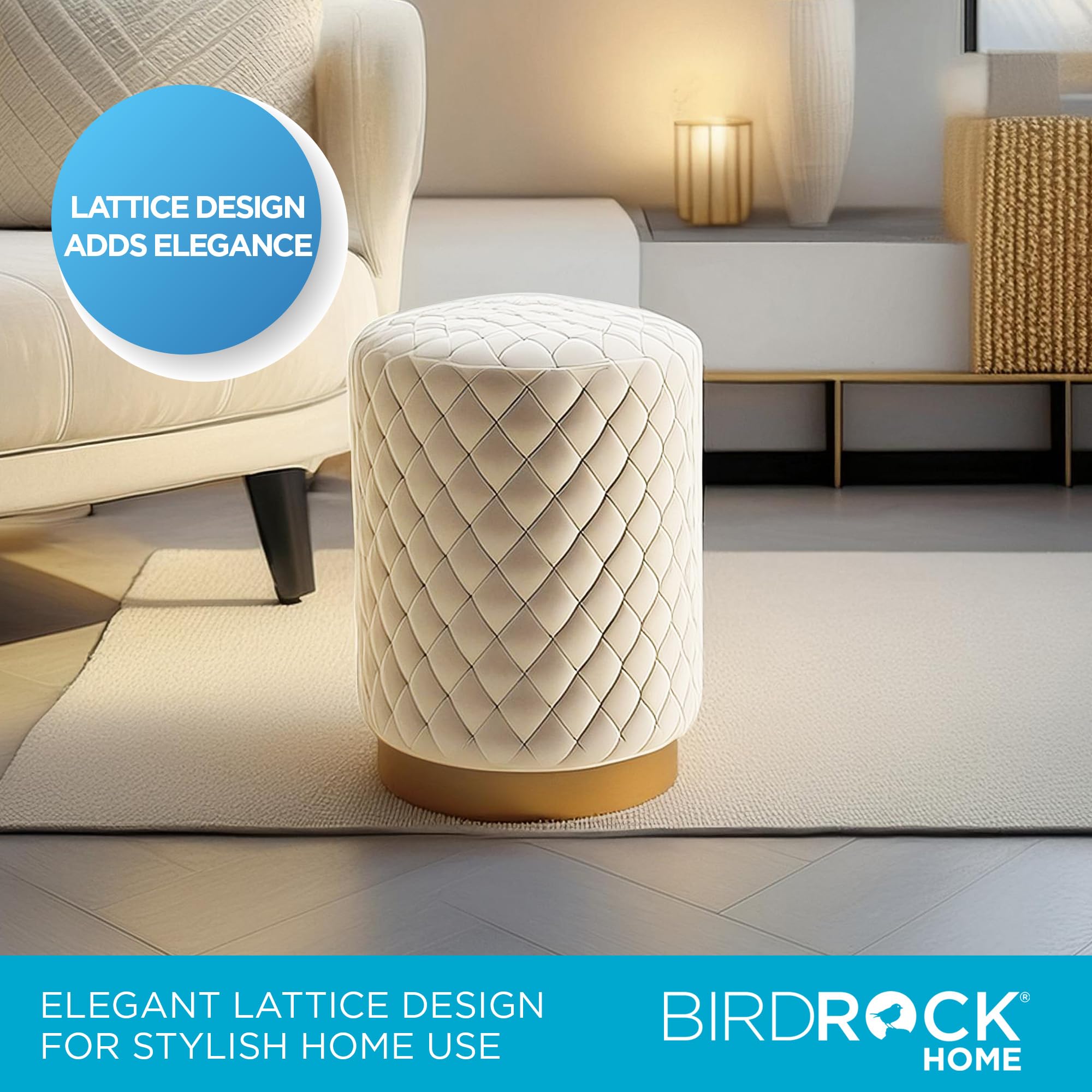BirdRock Home Velvet Round Ottoman Foot Stool with Lattice Design & Gold Trim - Soft Padded Foot Rest for Living Room, Bedroom, Nursery - Decorative Ottoman for Chair, Rocking Chair, Couch - Cream - Perfect for Relaxing, Reading & Adding Elegance to Your Home Decor