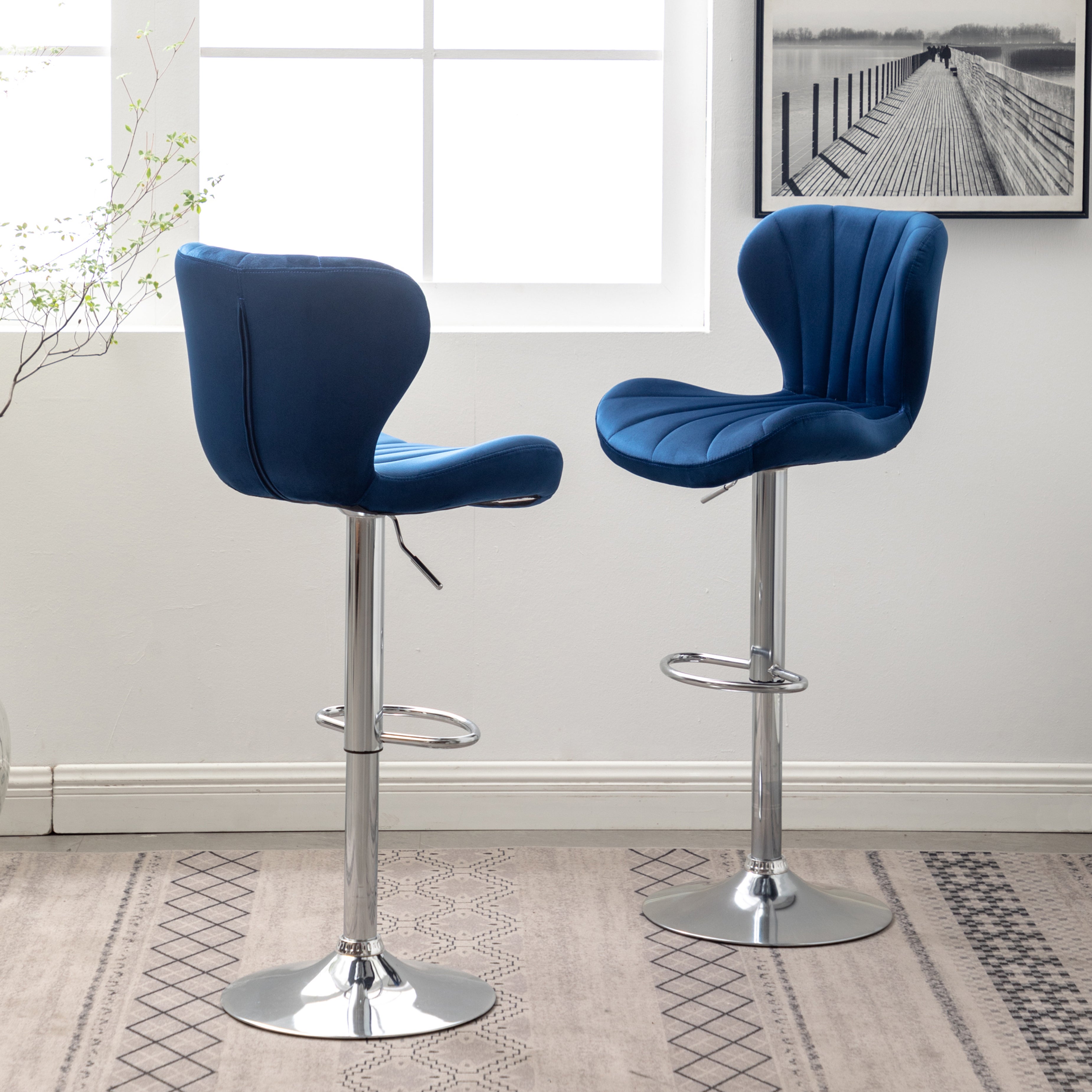 Roundhill Furniture Ellston Blue Upholstered Adjustable Swivel Bar Stools - Set of 2 for Kitchen Island, Breakfast Nook & Home Bar Styling
