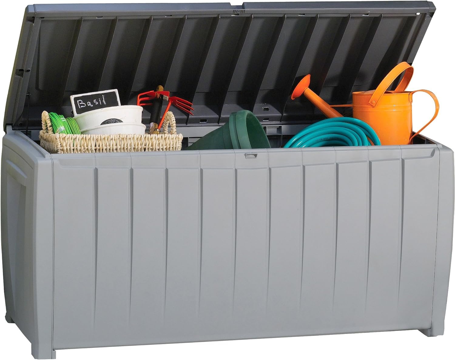 Durable Keter 90-Gallon Plastic Deck Storage Box for Outdoor Patio & Garden Furniture – Weather-Resistant, Black/Gray – Perfect for Storing Cushions, Tools & Pool Accessories