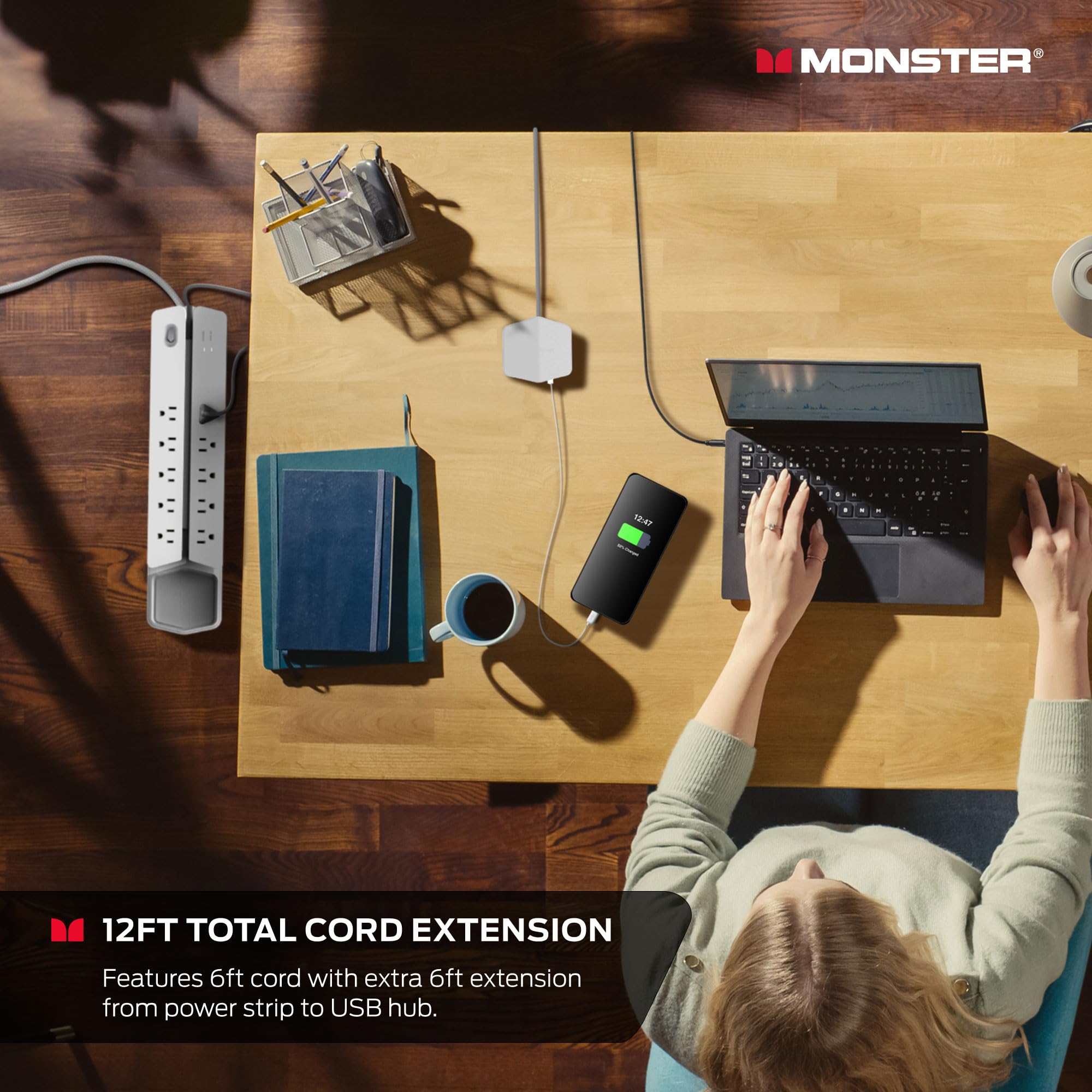 Monster Power Center Vertex XL Surge Protector - 10 AC Outlets, 2 USB-A & 1 USB-C Port (20W) Detachable USB Power Strip for Home, Office & Gaming Setup | Protects Electronics from Power Surges