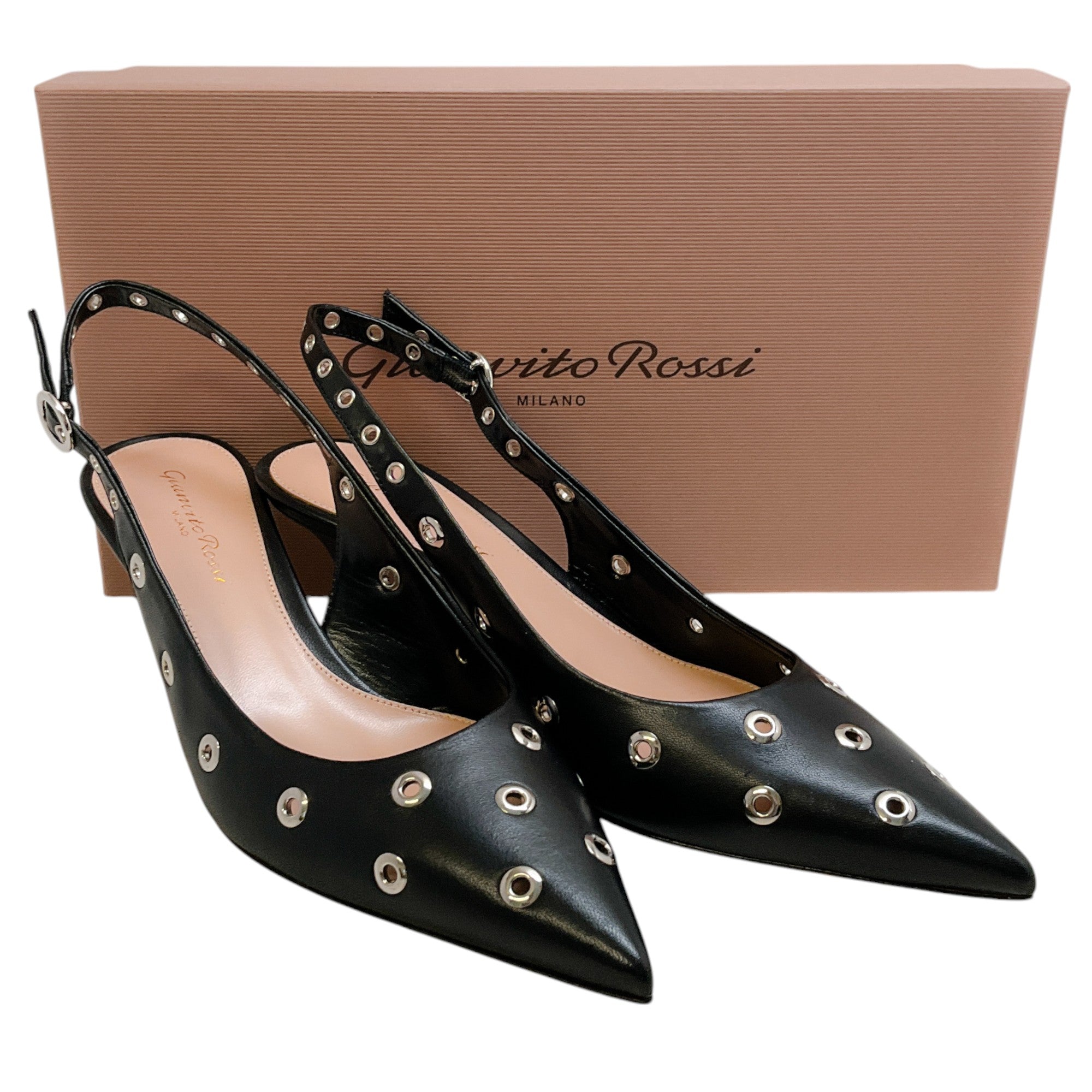Gianvito Rossi Women's Black Leather Kitten Heel Pump Shoes with Grommet Details - Elegant Pointed Toe Dress Pumps for Work, Party & Evening Wear